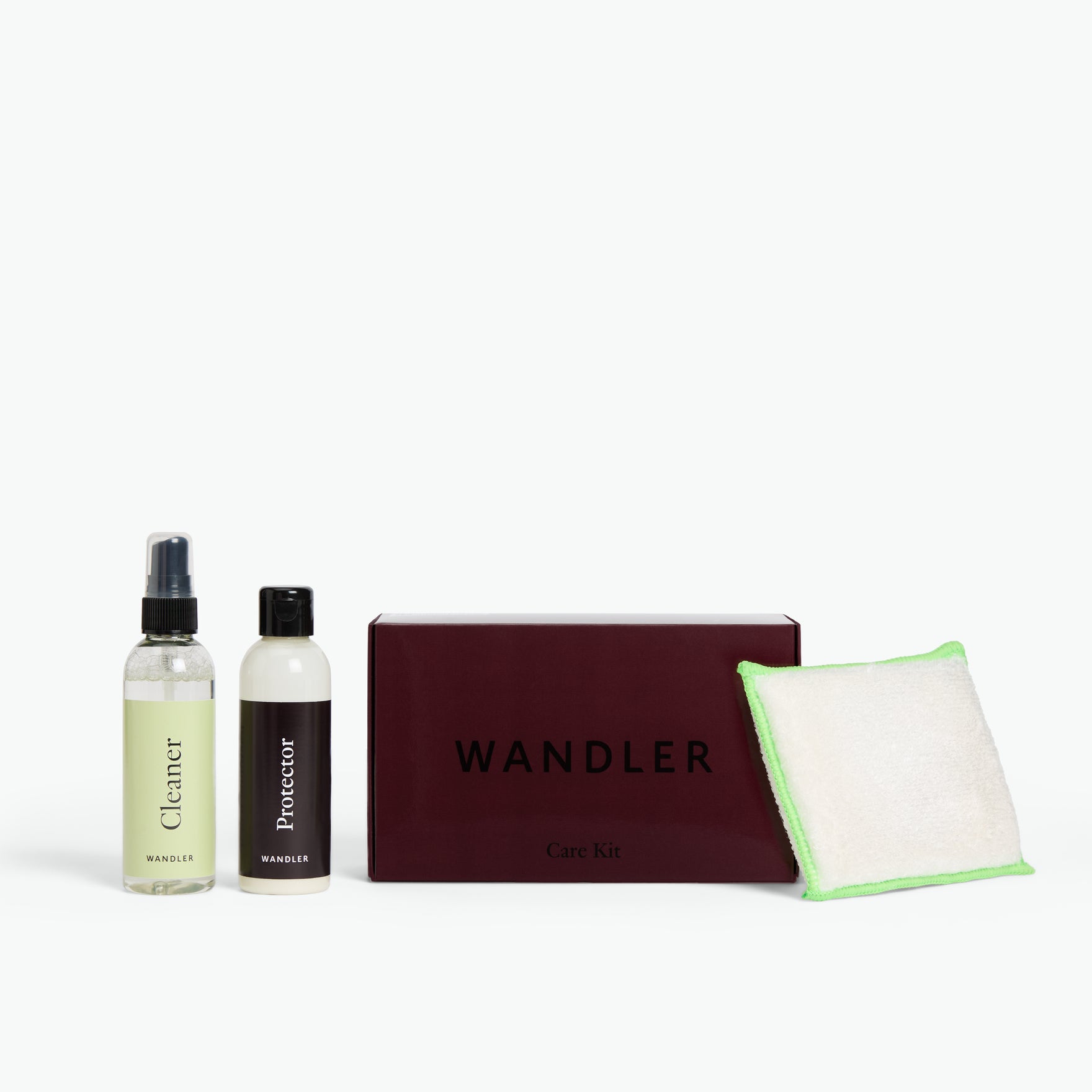 Wandler Smooth and Crust leather care-kit containing leather cleaner, protector and sponge pictured alongside the box.
