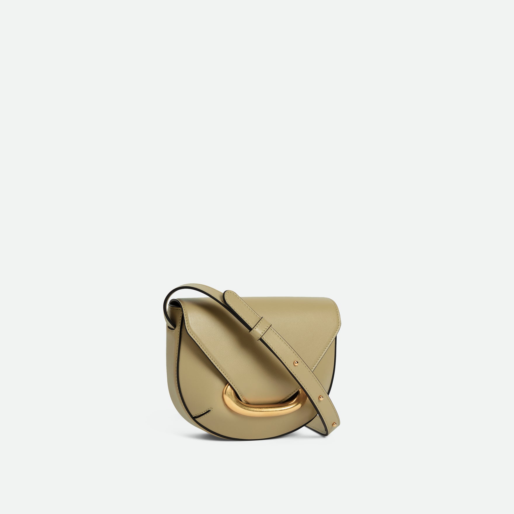 Wandler Veneto Crossbody Small in Peper, dark beige, made from Italian calf leather with golden clasp hardware and structured silhouette, three quarters picture. 