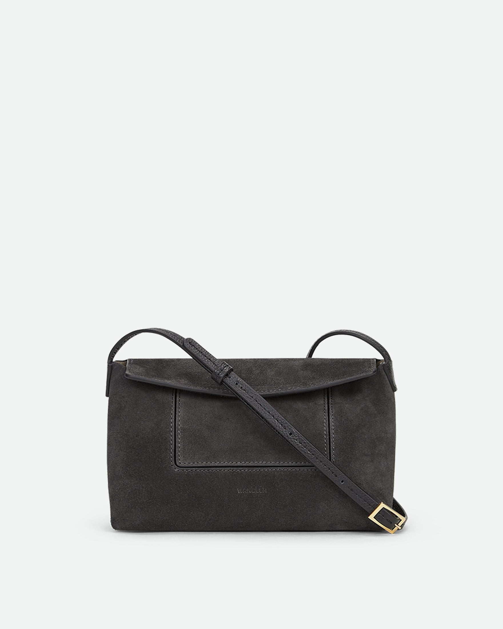 Wandler Penelope Slouch Mini in the color Space Suede, grey, made from Italian calf leather with golden hardware and slim adjustable strap, front view.