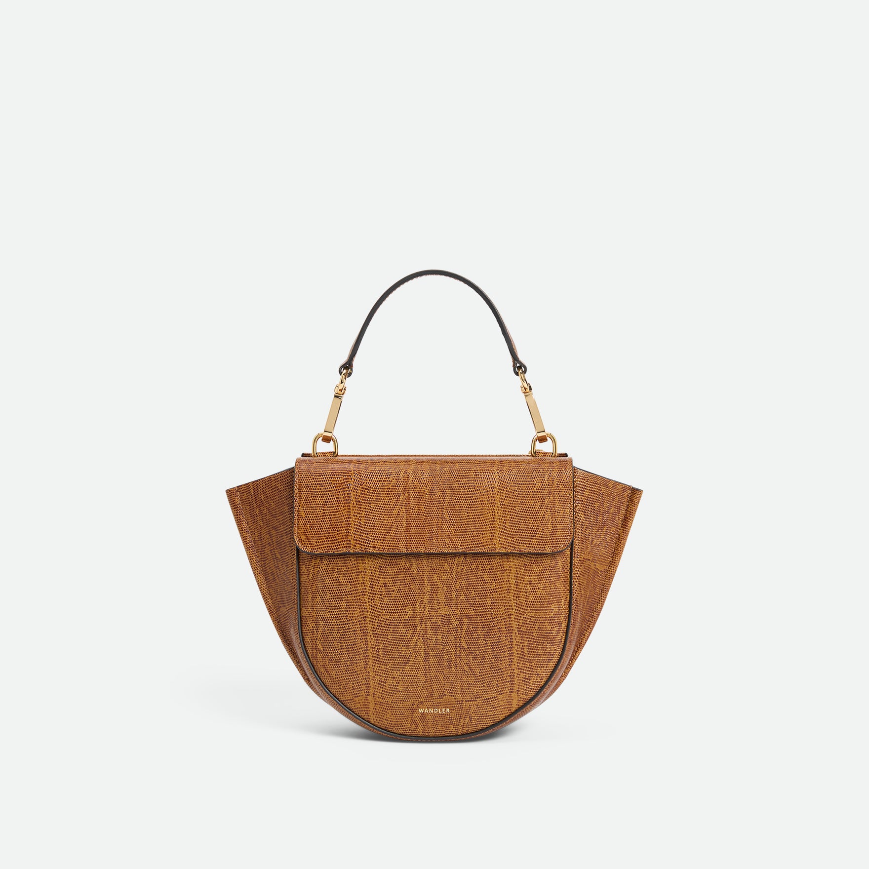 Wandler Hortensia Bag Mini in the color Tabacco Lizzard, warm brown with lizzard motive, made from Italian calf leather with golden hardware, rounded silhouette and top handle, front view.
