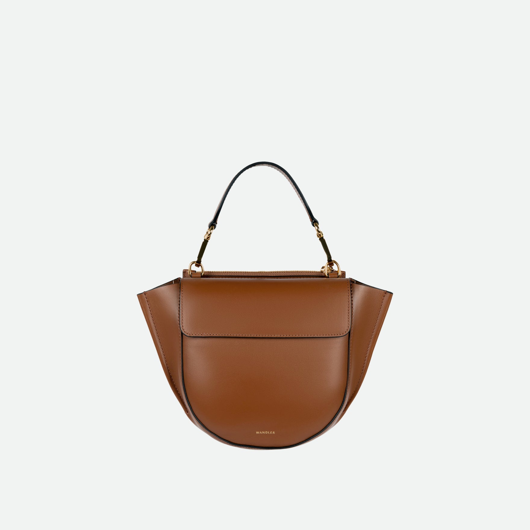 Wandler Hortensia Bag Mini in the color Saddle, brown, Italian calf leather with golden hardware, rounded silhouette and top handle, front view.