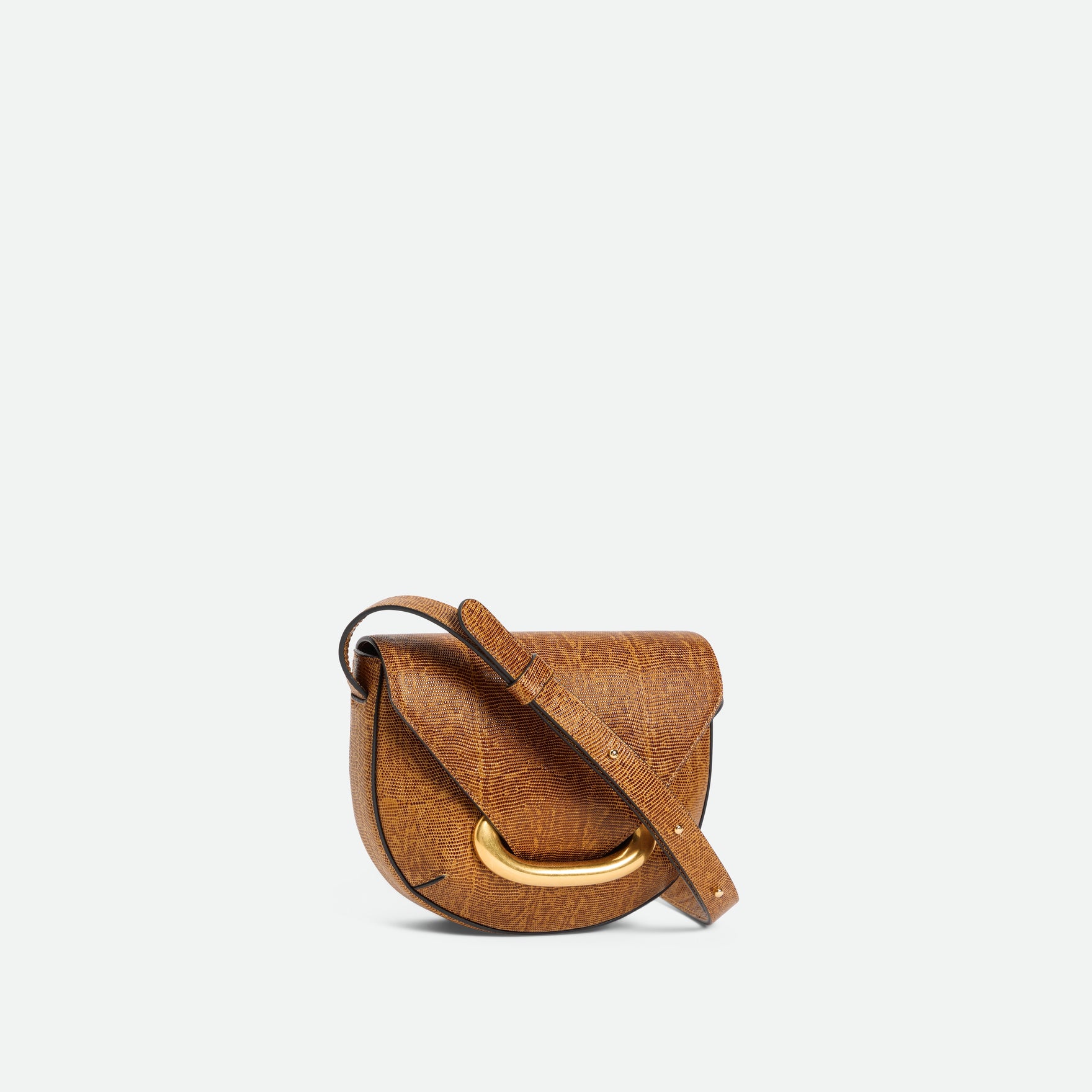 Wandler Veneto Crossbody Small in Tabacco Lizzard, warm brown with lizzard pattern, made from Italian calf leather with golden clasp hardware and structured silhouette, three quarters view. 