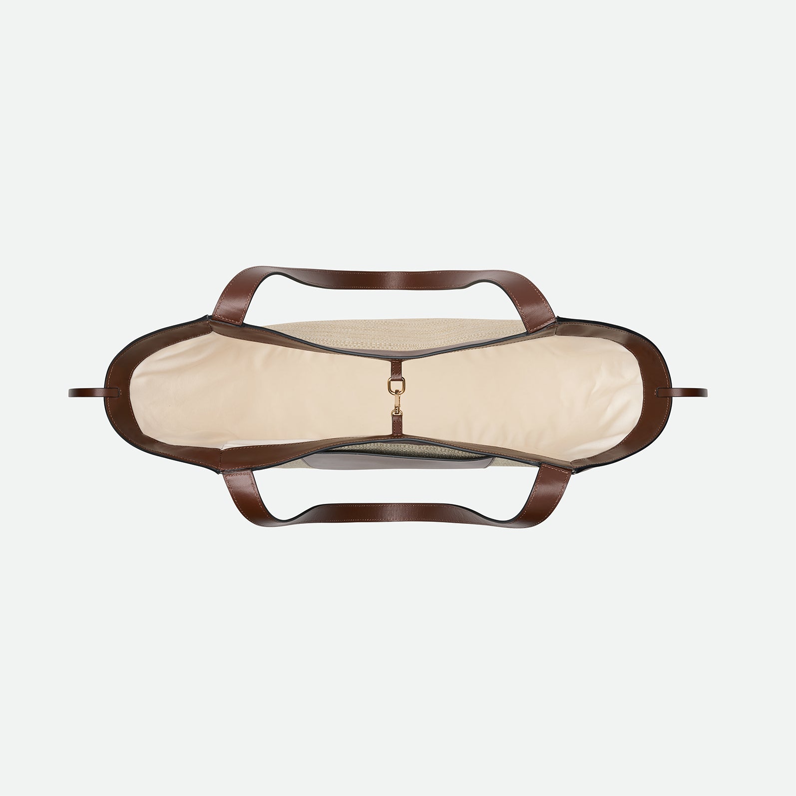 Wandler Hortensia Slouch Tote in color Beige Raffia made with raffia made from calf leather with golden hardware, from above showing the inside of the bag and the clasp closure.