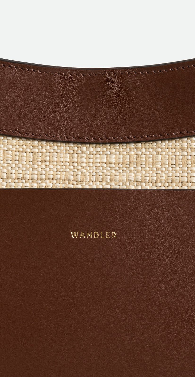 Wandler Hortensia Slouch Tote in color Beige Raffia made with raffia made from calf leather with golden hardware, close up detailing the logo.