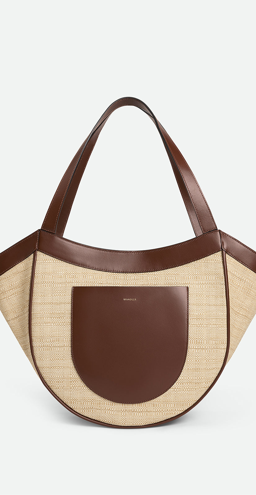 Wandler Hortensia Slouch Tote in color Beige Raffia made with raffia made from calf leather with golden hardware, front view.