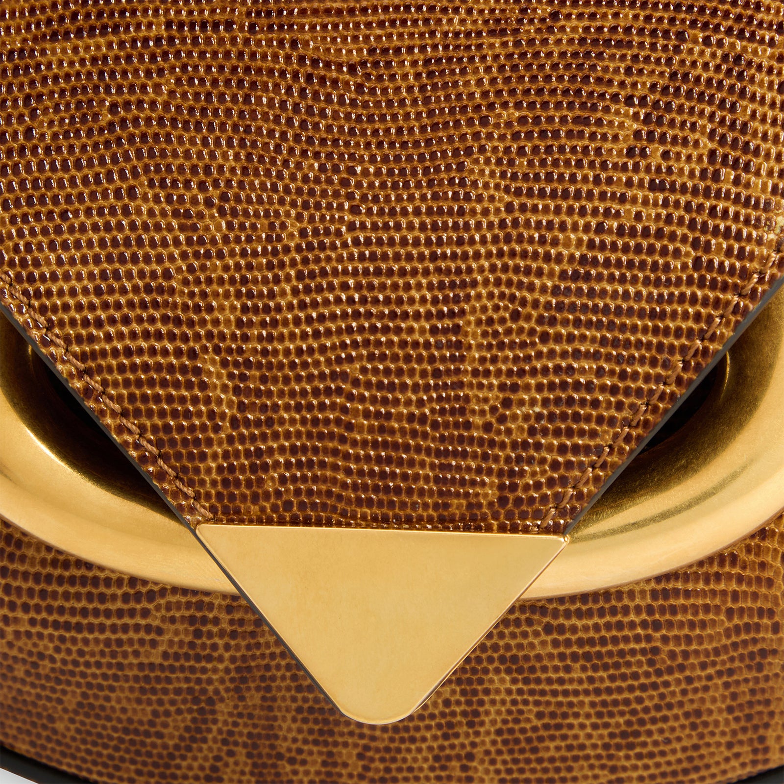 Wandler Veneto Crossbody Small in Tabacco Lizzard, warm brown with lizzard pattern, made from Italian calf leather with golden clasp hardware and structured silhouette, close up detailing the leather and clasp.