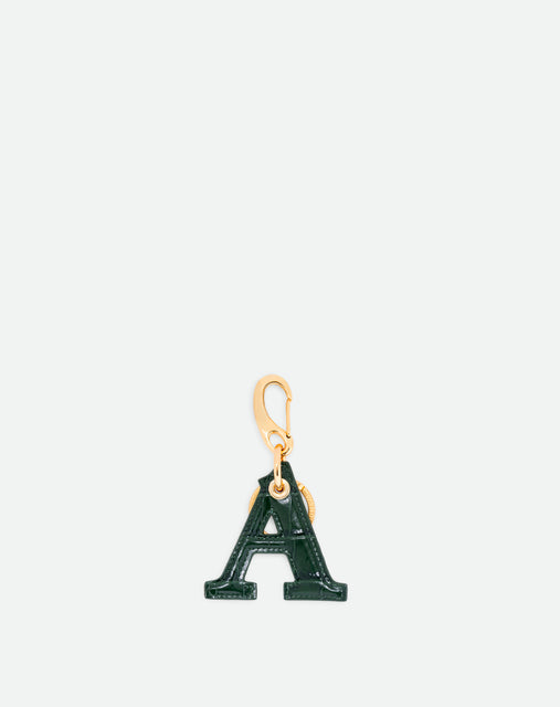 Wandler Bag Charm Letter in the color Olive Croco, green with crocodile print, Letter M, made from brass, lambskin leather with golden hardware, front view.