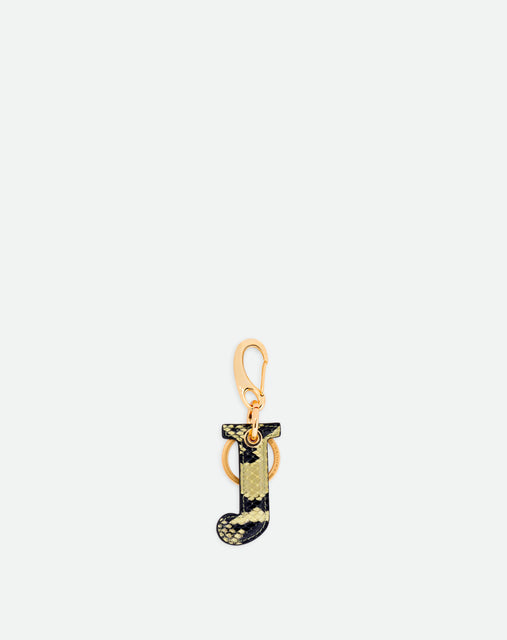 Wandler Bag Charm Letter in the color Lime Python, Green with python print, Letter J, made from brass, lambskin leather with golden hardware, front view.