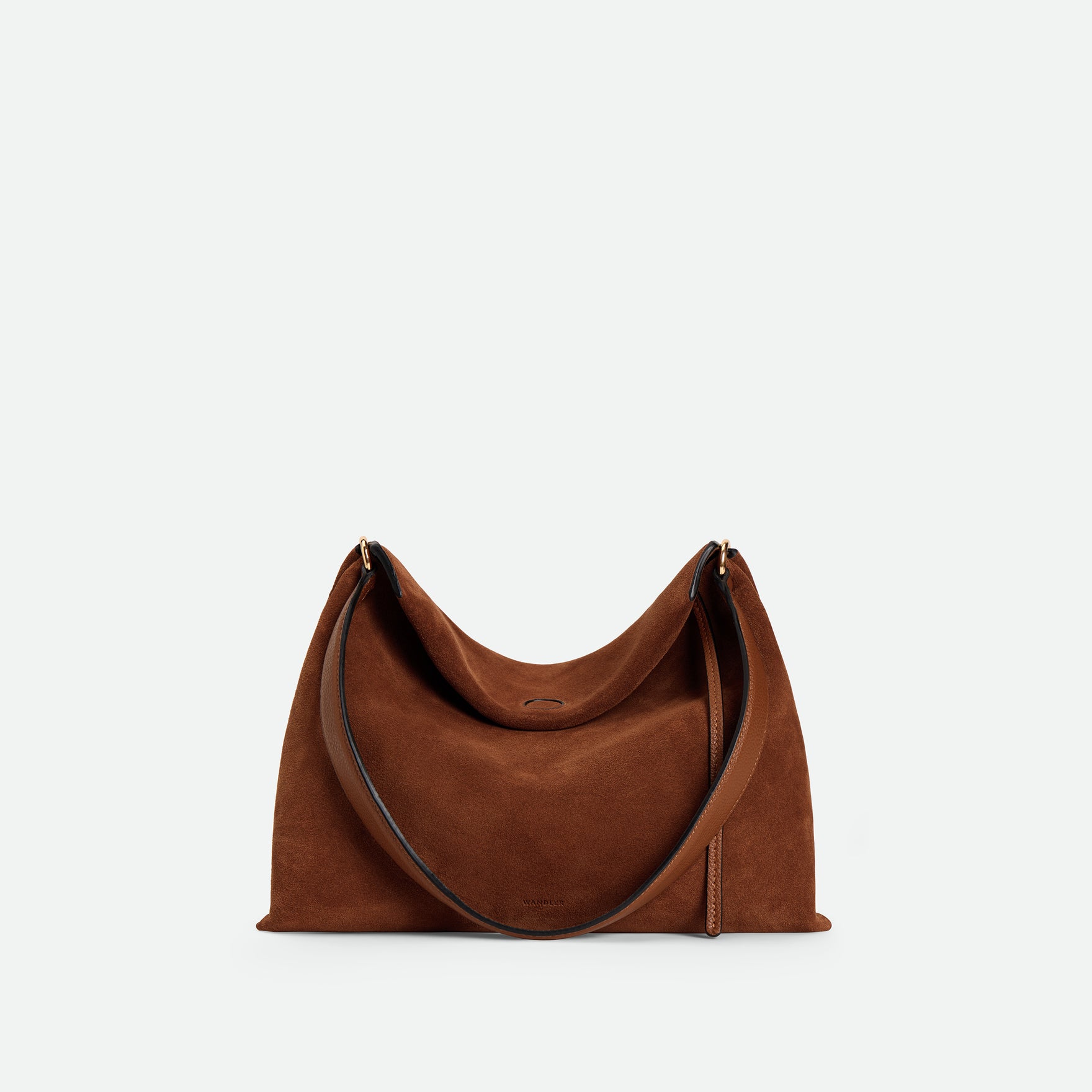 Wandler Penelope Tote Small in the color Saddle Suede calf leather with golden hardware and soft slouchy silhouette, front view.
