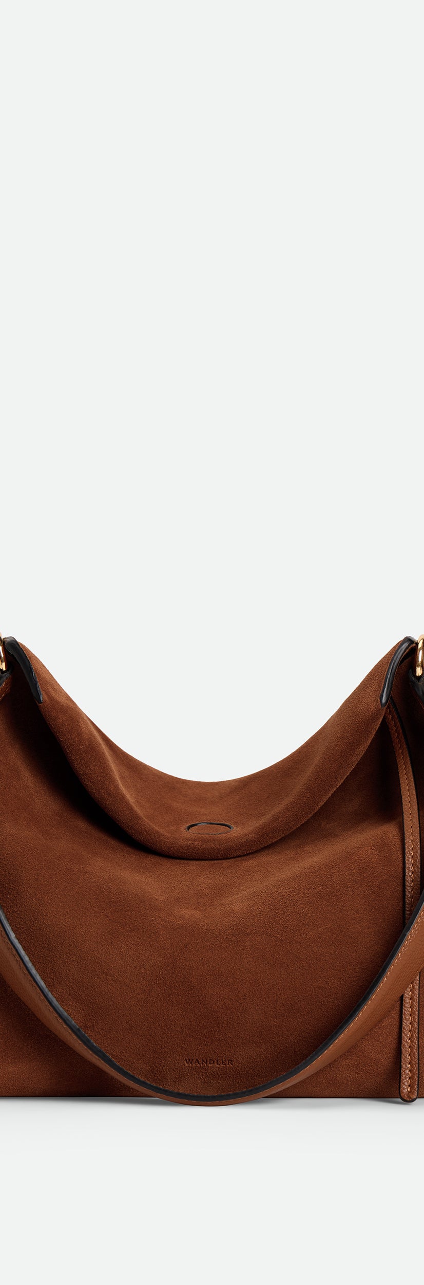 Wandler Penelope Tote Small in the color Saddle Suede calf leather with golden hardware and soft slouchy silhouette, front view.