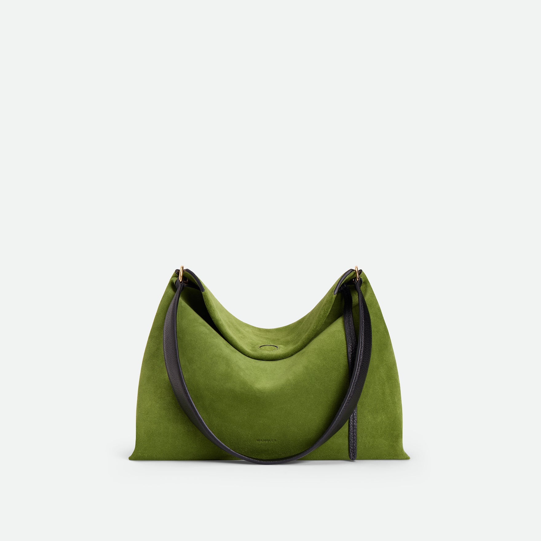 Wandler Penelope Tote Small in the color Verde Suede / Black made from calf leather with golden hardware and soft slouchy silhouette, front view.