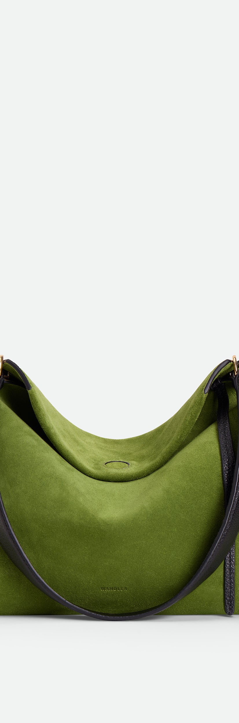 Wandler Penelope Tote Small in the color Verde Suede / Black made from calf leather with golden hardware and soft slouchy silhouette, front view.