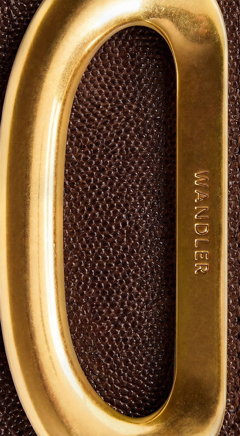 Wandler Veneto Crossbody Bag in Soil Caviar calf leather with oversized golden clasp hardware and structured silhouette, close up detailing the clasp, alternative picture. 