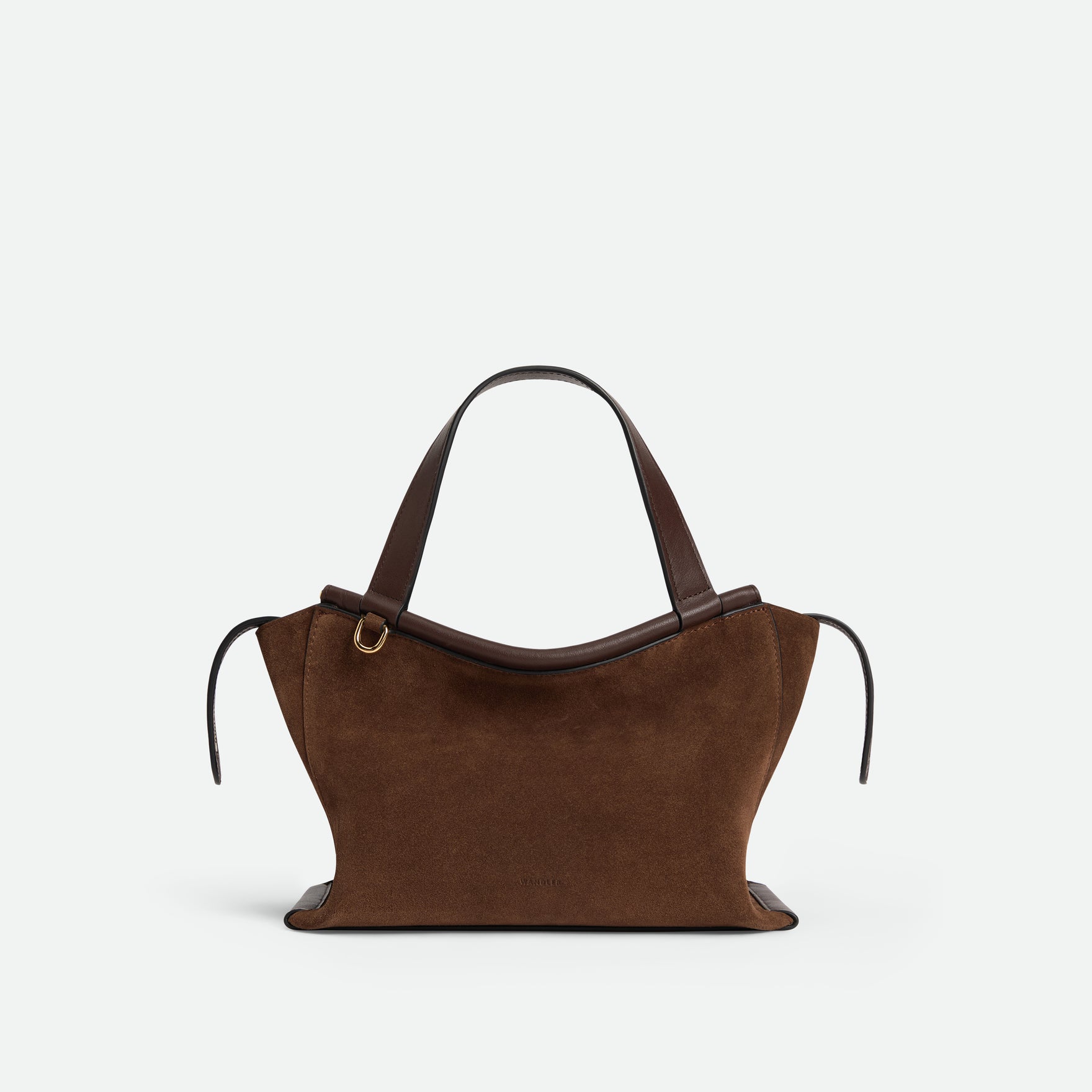 Wandler Ida Bag in Palissander Suede Italian calf leather with golden hardware and sculptural top handle, front view.