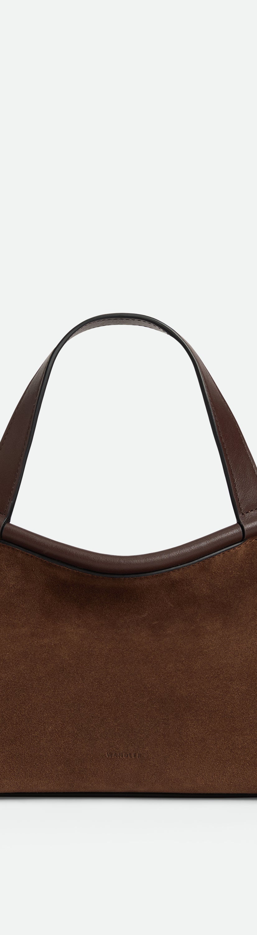 Wandler Ida Bag in Palissander Suede Italian calf leather with golden hardware and sculptural top handle, front view.