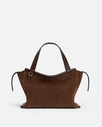 Wandler Ida Bag in Palissander Suede Italian calf leather with golden hardware and sculptural top handle, front view.