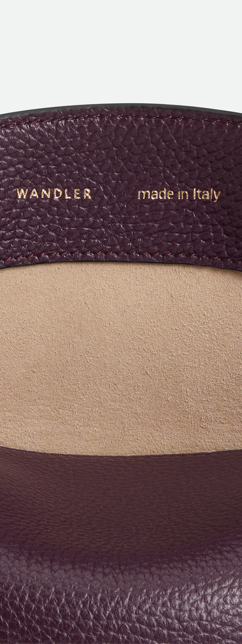 Wandler Penelope Slouch Bag in the color Aubergine Crust, made from calf leather with golden hardware and adjustable slim strap, close up detailing the closure and leather.