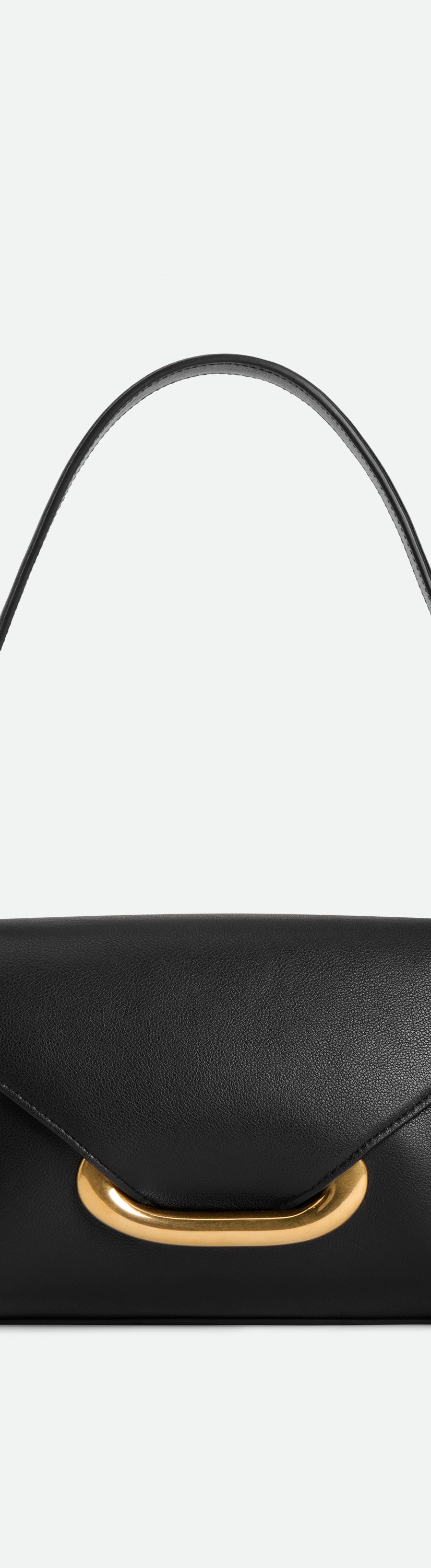 Wandler Veneto Shoulder Bag Small in the color Black, made from Italian calf leather with oversized golden clasp hardware, structured silhouette, front view.
