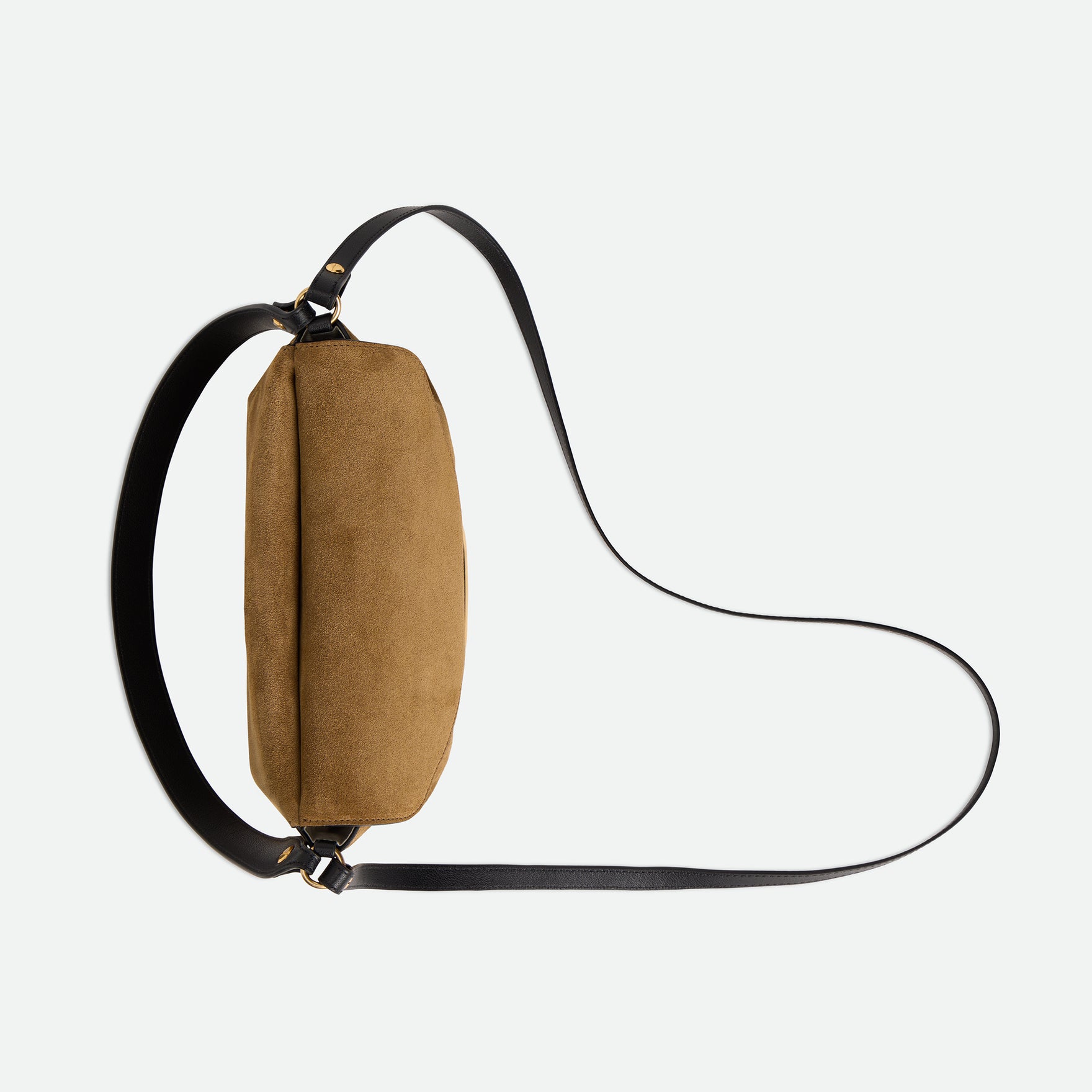 Wandler Veneto Shoulder Bag Small in the color Tabacco Suede, made from Italian calf leather with oversized golden clasp hardware, structured silhouette, topside view displaying both the top handle as well as the crossbody strap.