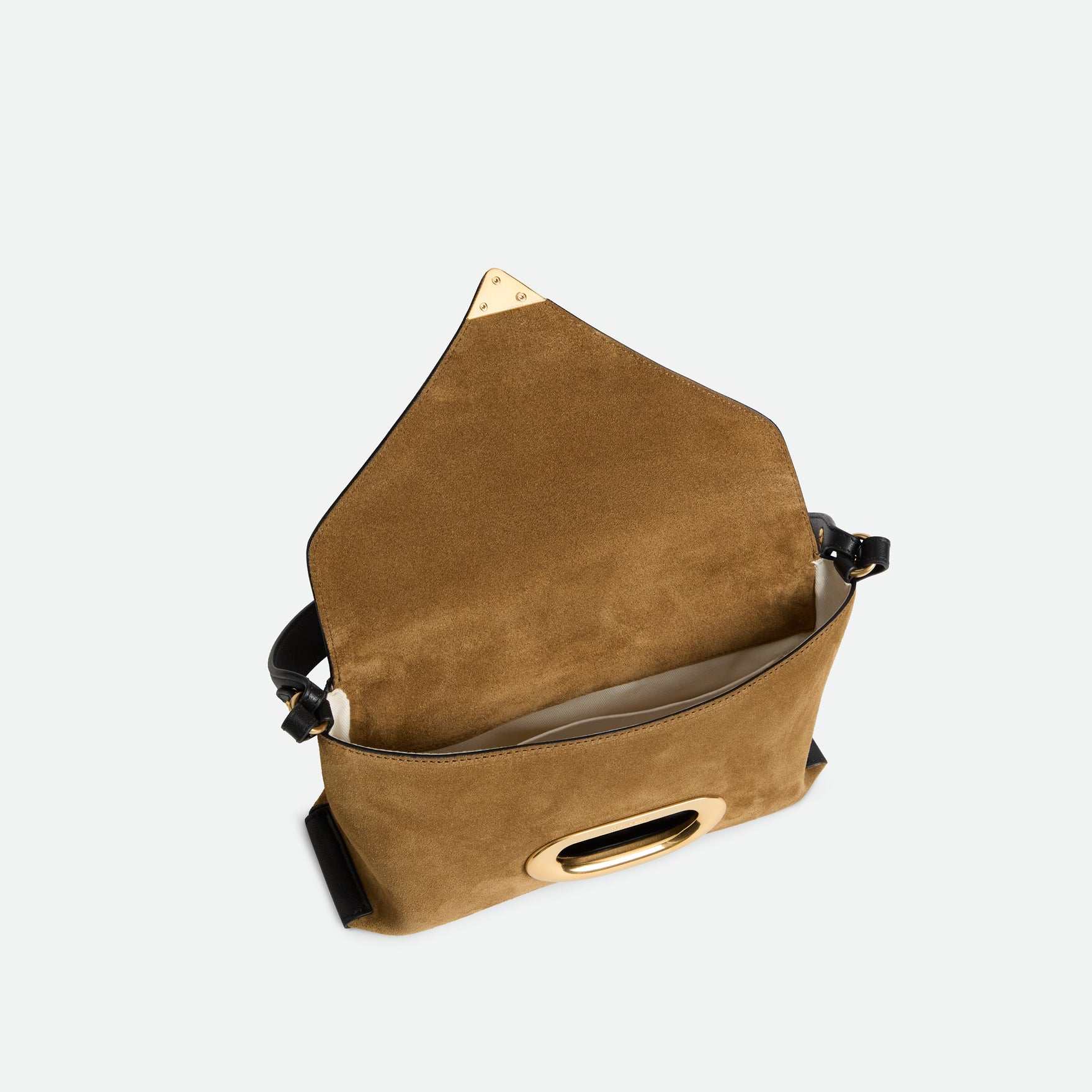 Wandler Veneto Shoulder Bag Small in the color Tabacco Suede, made from Italian calf leather with oversized golden clasp hardware, structured silhouette, pictured from above with the flap open, giving a glimpse into the inside of the bag.
