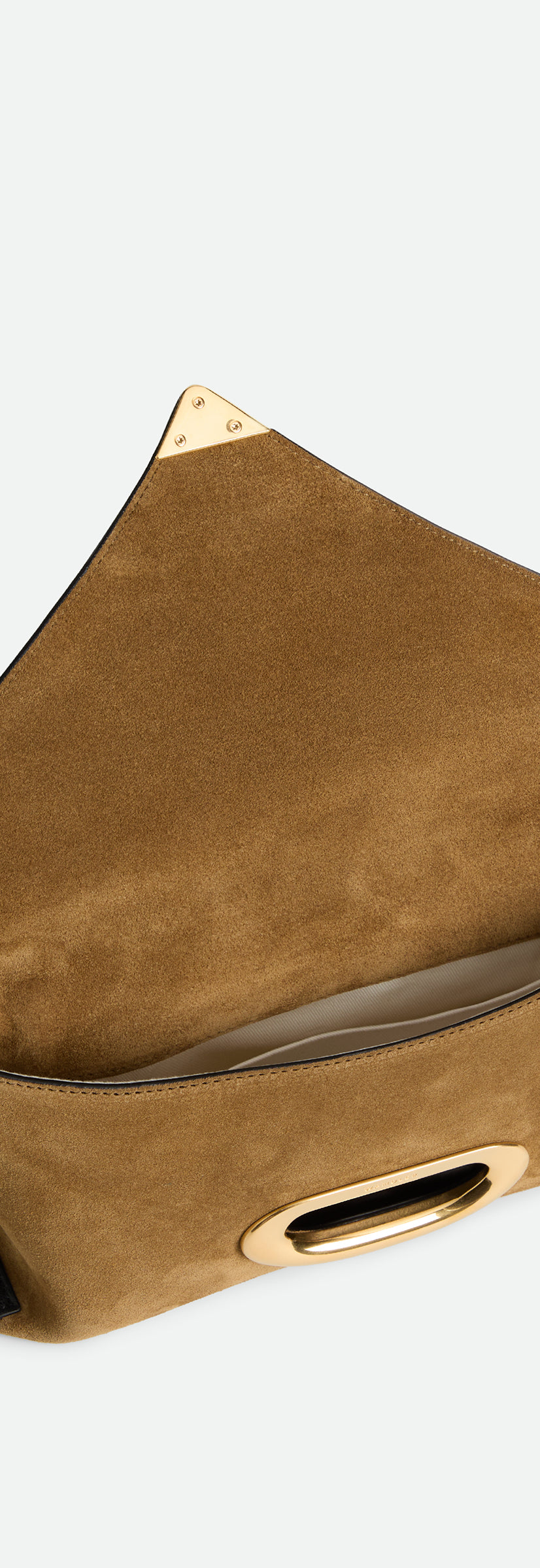 Wandler Veneto Shoulder Bag Small in the color Tabacco Suede, made from Italian calf leather with oversized golden clasp hardware, structured silhouette, pictured from above with the flap open, giving a glimpse into the inside of the bag.