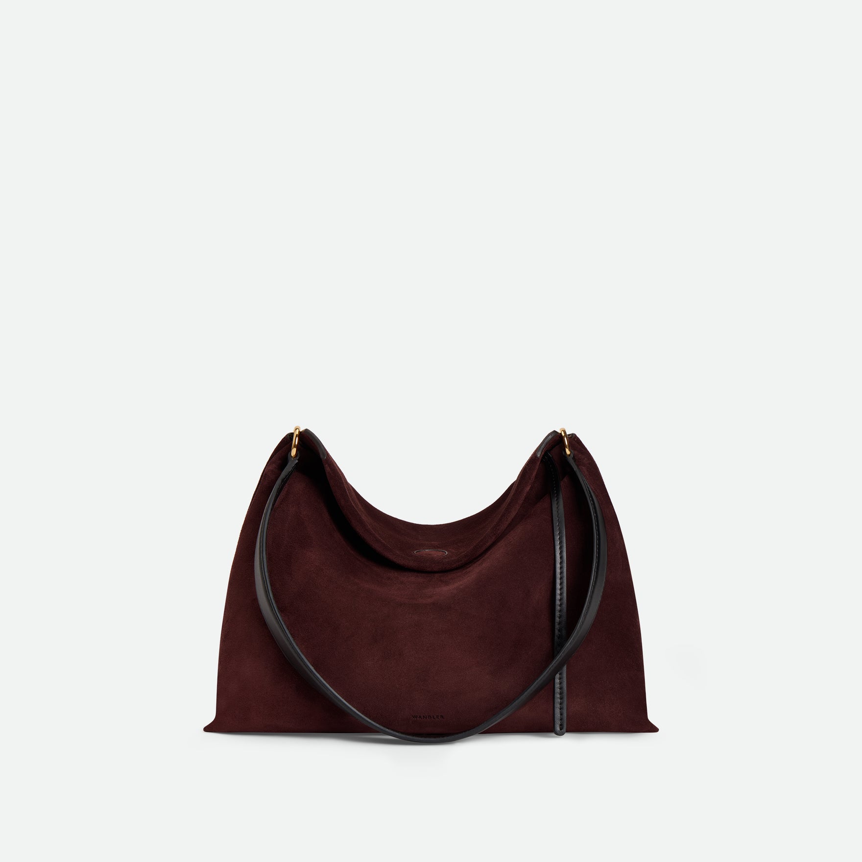 Wandler Penelope Tote Small in the color Acai Suede / Black made from calf leather with golden hardware and soft slouchy silhouette, front view.