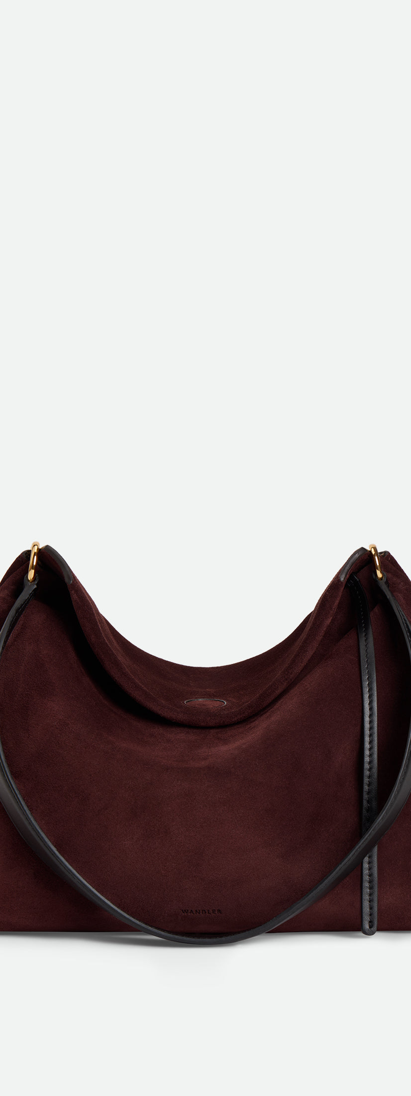 Wandler Penelope Tote Small in the color Acai Suede / Black made from calf leather with golden hardware and soft slouchy silhouette, front view.