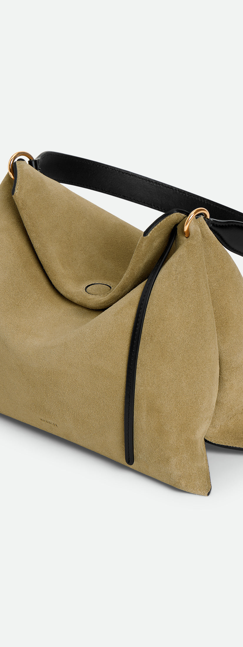 Wandler Penelope Tote Small in the color Acai Suede / Black made from calf leather with golden hardware and soft slouchy silhouette, three quarters view.