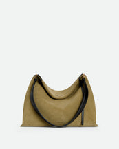 Wandler Penelope Tote Small in the color Khaki Suede / Black made from calf leather with golden hardware and soft slouchy silhouette, front view.
