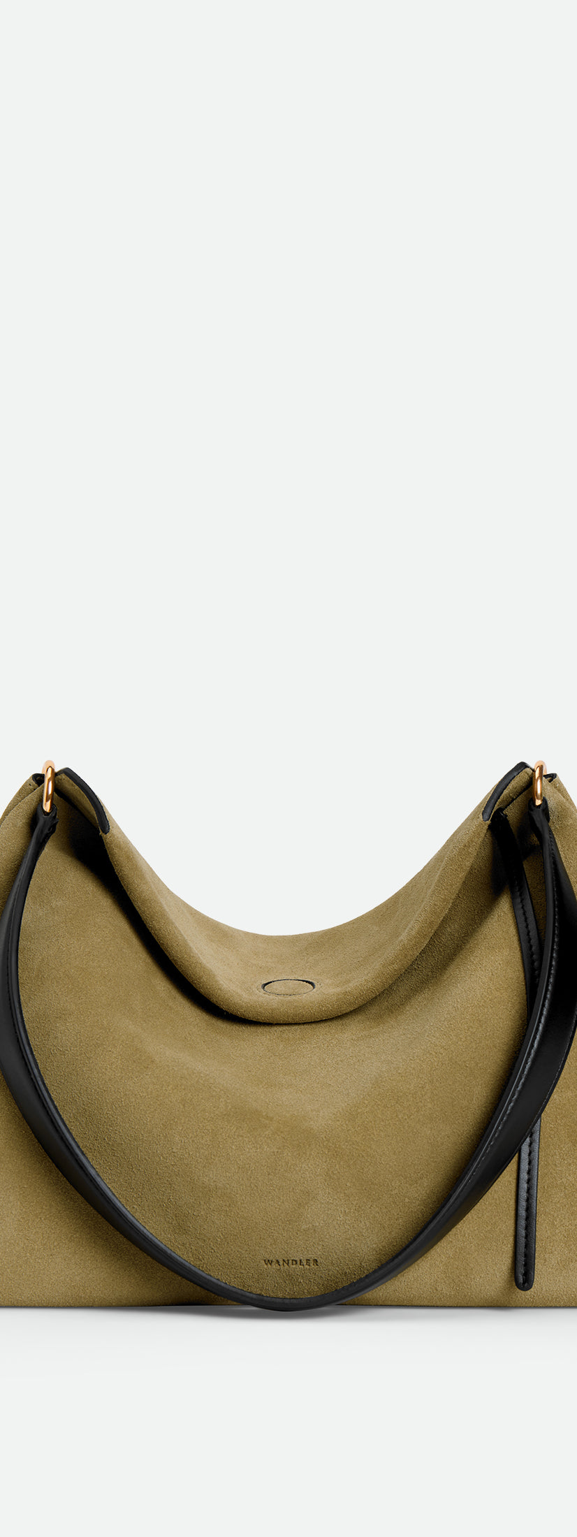 Wandler Penelope Tote Small in the color Khaki Suede / Black made from calf leather with golden hardware and soft slouchy silhouette, front view.