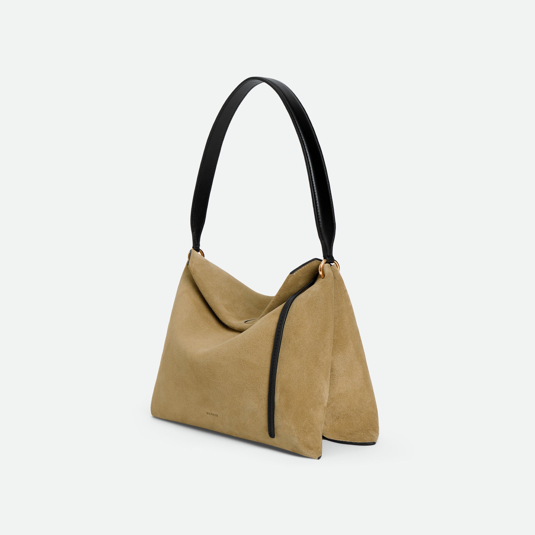Wandler Penelope Tote Small in the color Acai Suede / Black made from calf leather with golden hardware and soft slouchy silhouette, three quarters view.