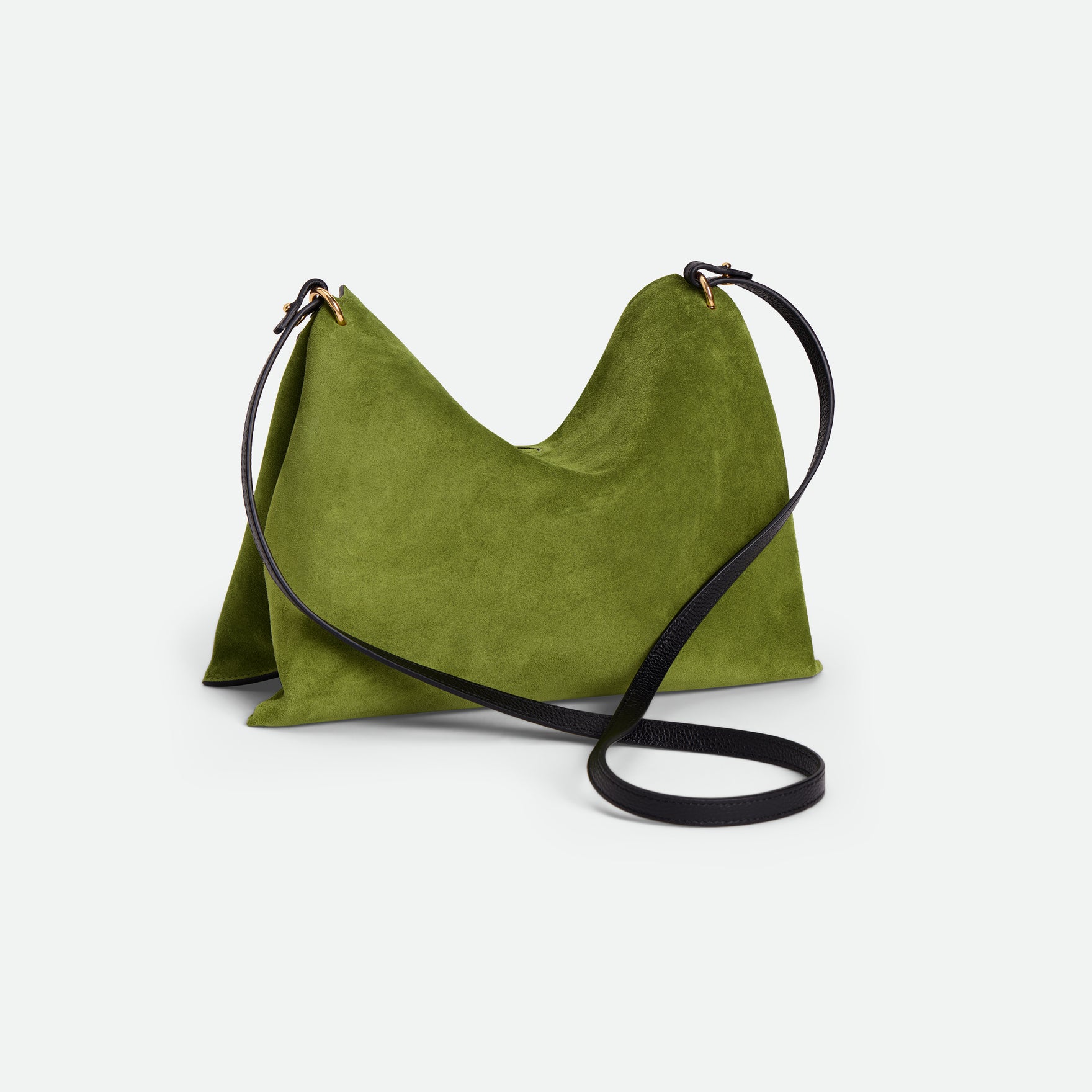 Wandler Penelope Tote Small in the color Verde Suede / Black made from calf leather with golden hardware and soft slouchy silhouette, backside view.