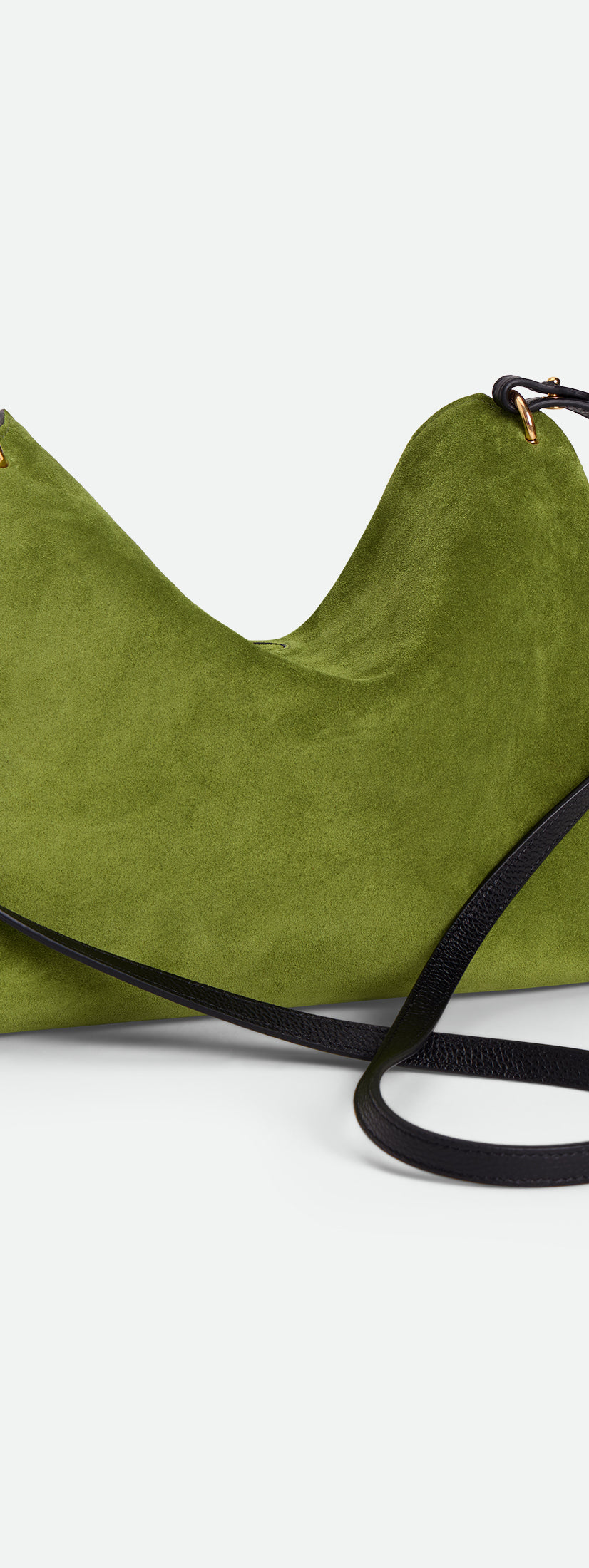 Wandler Penelope Tote Small in the color Verde Suede / Black made from calf leather with golden hardware and soft slouchy silhouette, backside view.