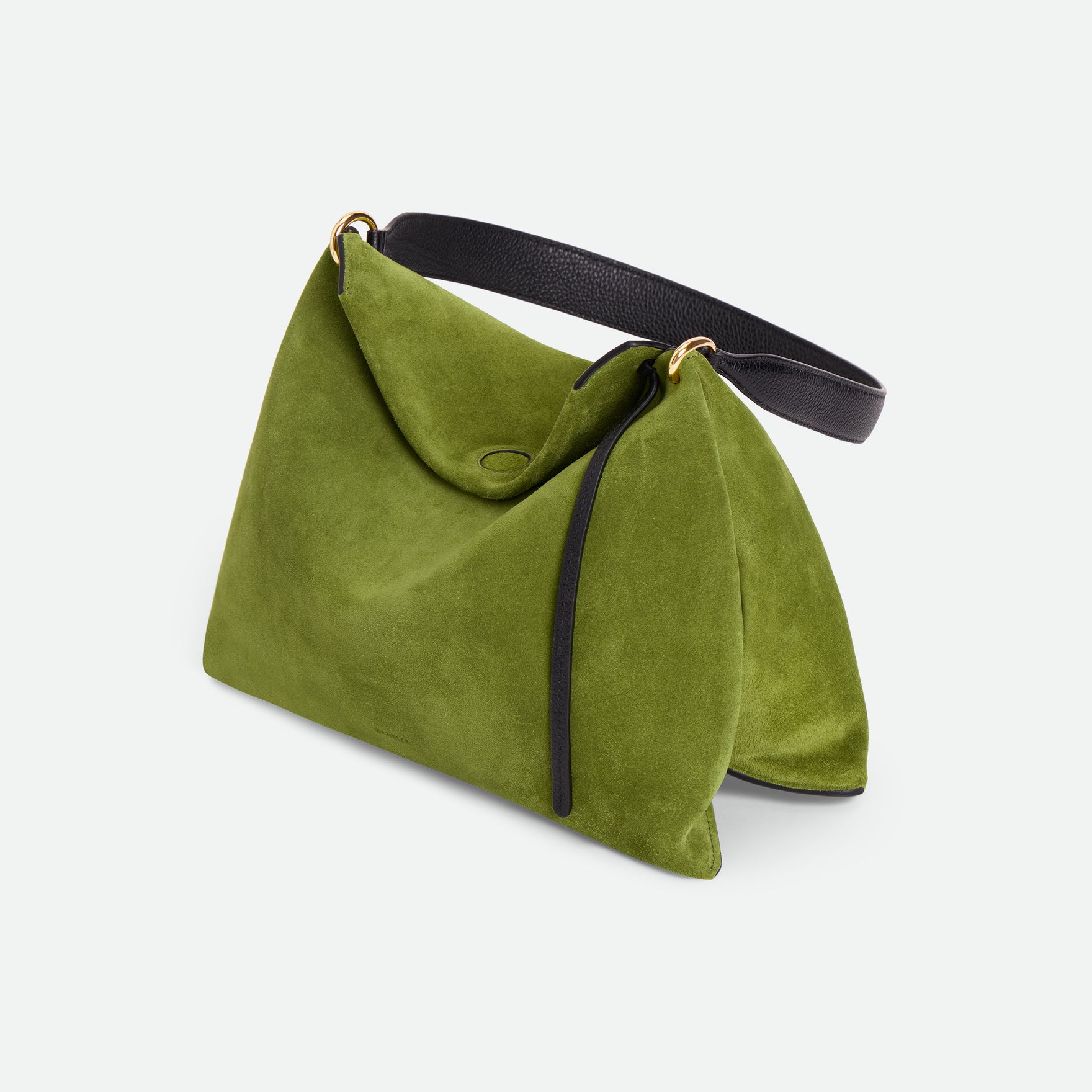 Wandler Penelope Tote Small in the color Verde Suede / Black made from calf leather with golden hardware and soft slouchy silhouette, pictured from above, three quarters view.