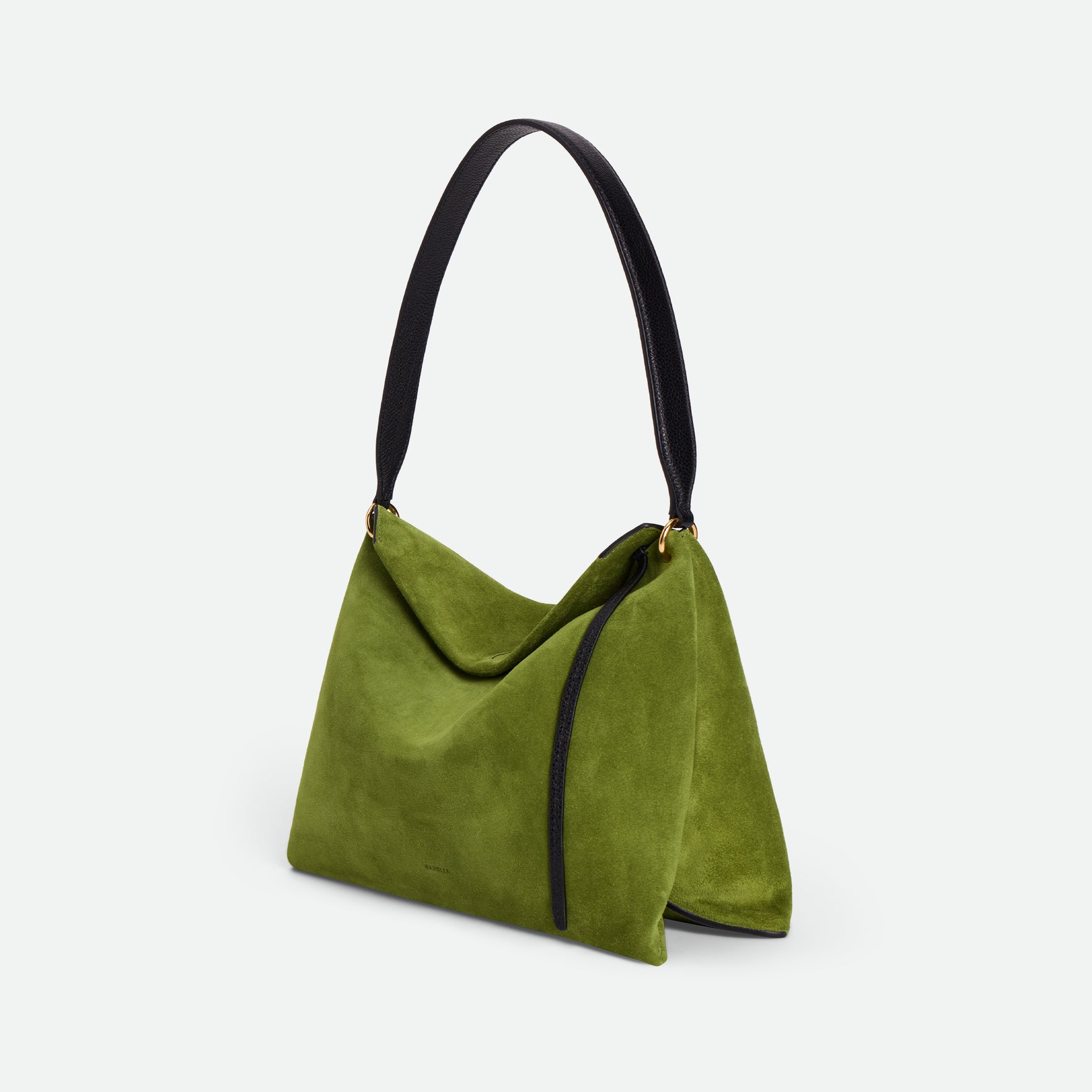 Wandler Penelope Tote Small in the color Verde Suede / Black made from calf leather with golden hardware and soft slouchy silhouette, three quarters view.