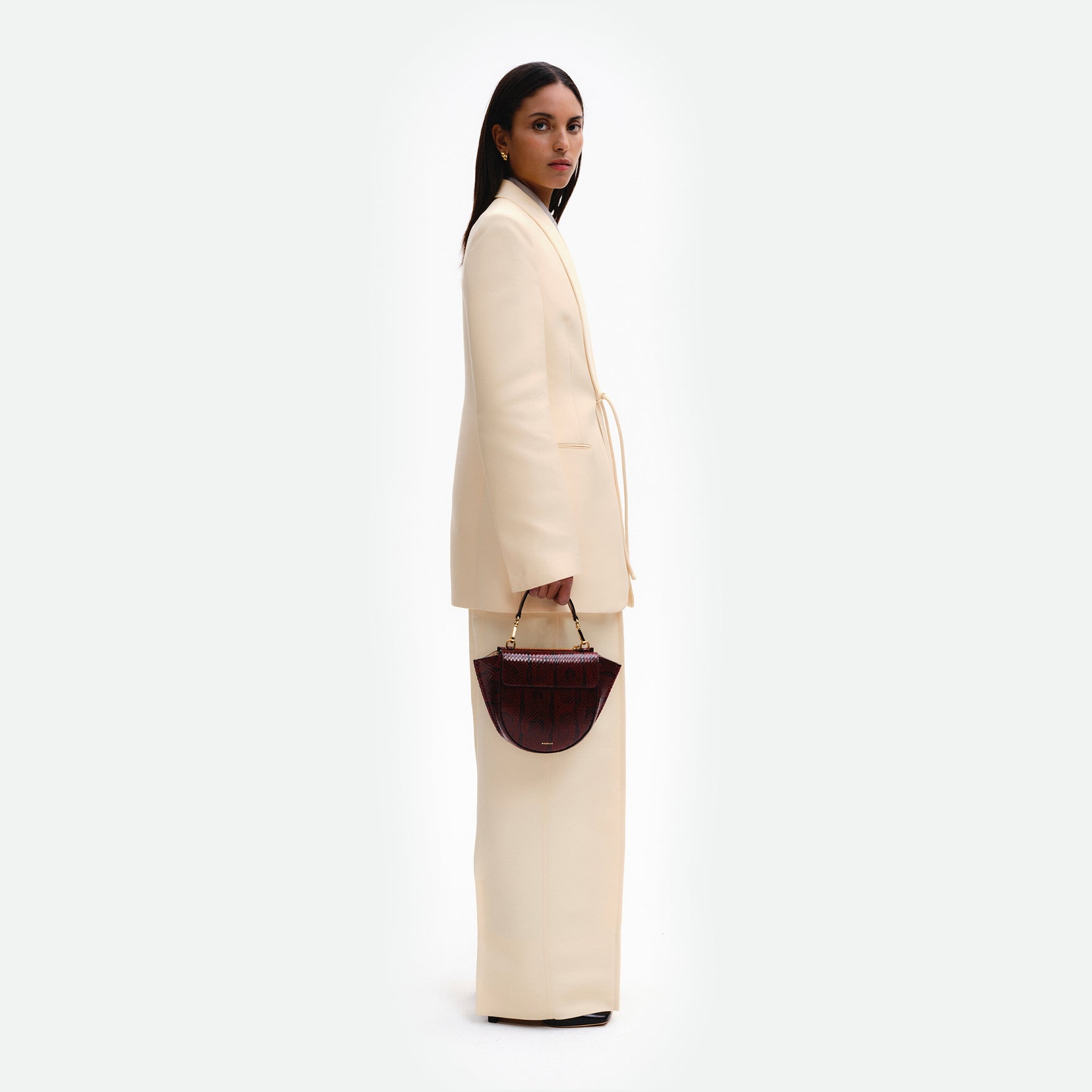 Wandler Hortensia Bag Mini in the color Bordeaux Python, deep dark red with python print, Italian calf leather with golden hardware, rounded silhouette and top handle, pictured being hand-held by model. 