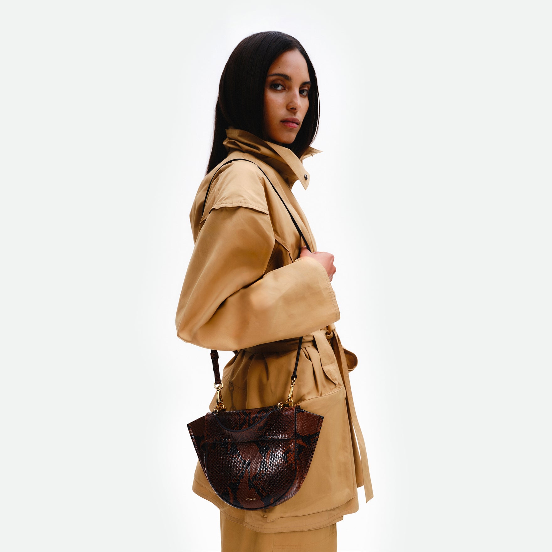 Wandler Hortensia Bag Mini in the color Brown Python, Italian calf leather with golden hardware, rounded silhouette and top handle, pictured being carried on the schoulder by the model.
