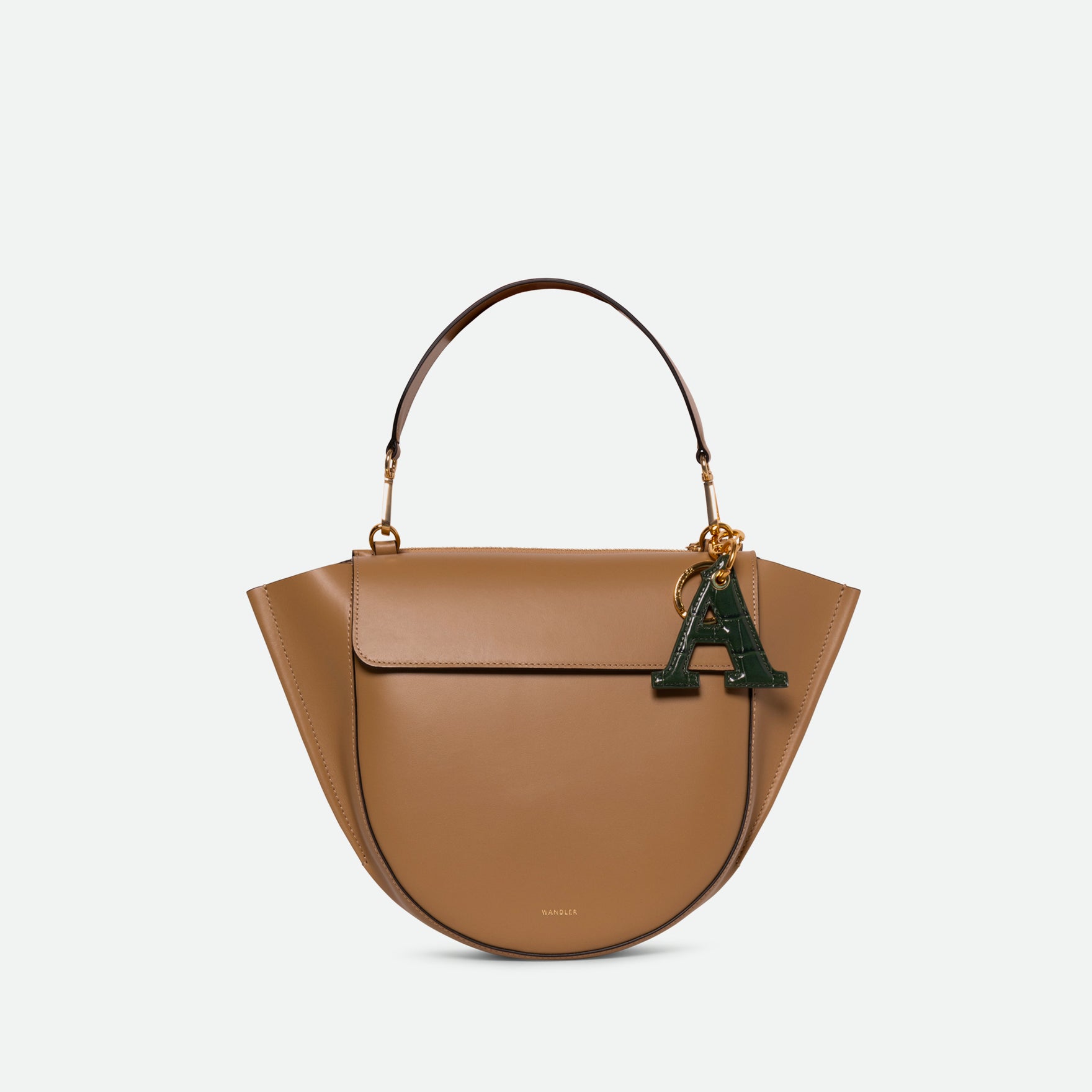 Wandler Bag Charm Letter in the color Olive Croco, green with crocodile print, Letter M, made from brass, lambskin leather with golden hardware, pictured being used as a bag charm on Hortensia Bag.