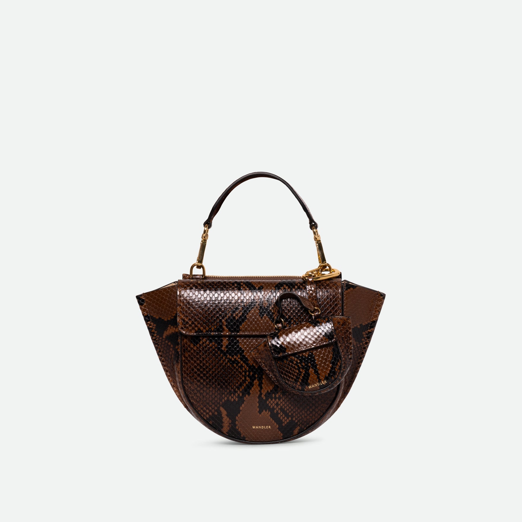 Wandler Hortensia Bag Mini in the color Brown Python, green python print, Italian calf leather with golden hardware, rounded silhouette and top handle. The bag is with the Hortensia Bag Micro accessory.