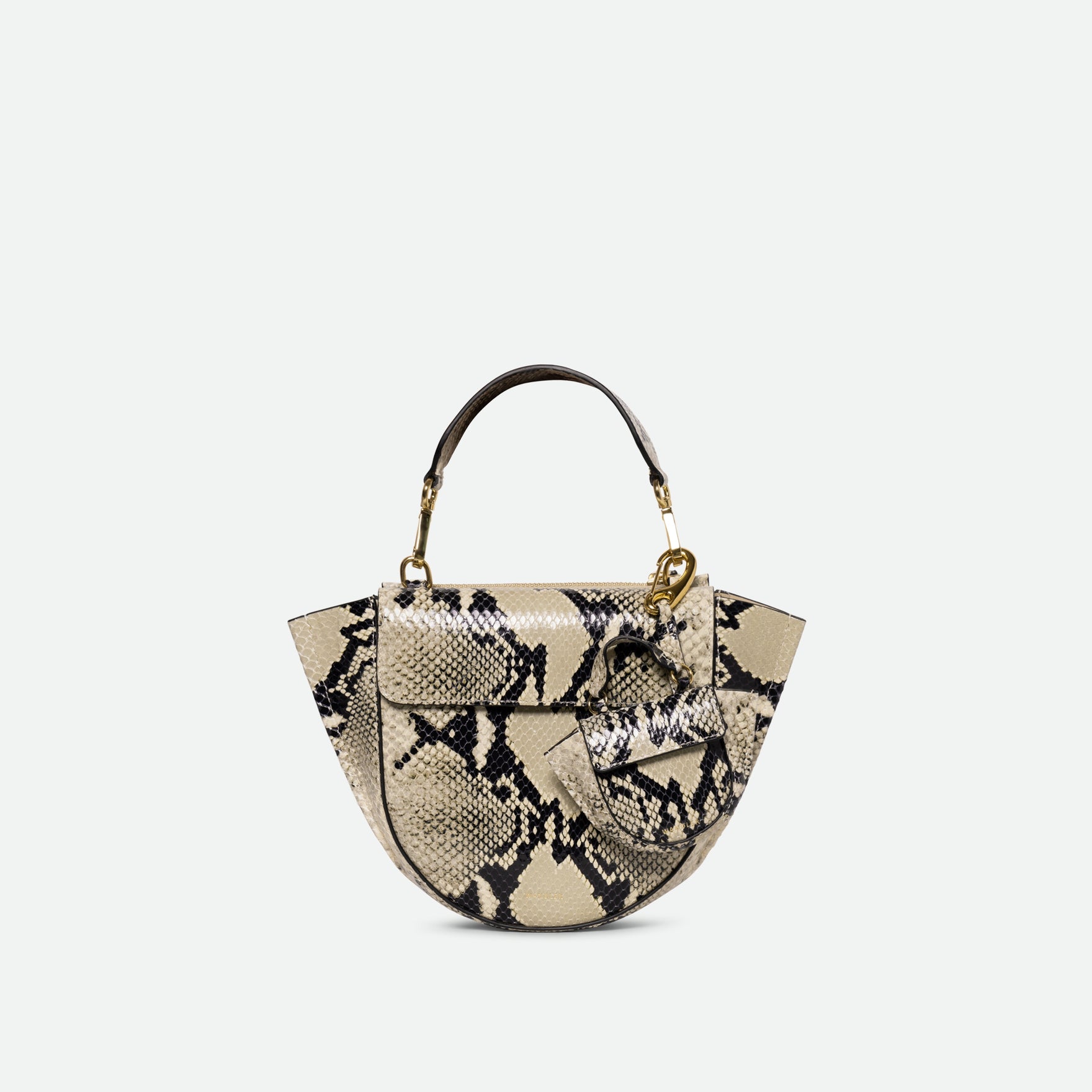 Wandler Hortensia Bag Mini in the color Black / White Python, green python print, Italian calf leather with golden hardware, rounded silhouette and top handle. The bag is with the Hortensia Bag Micro accessory.