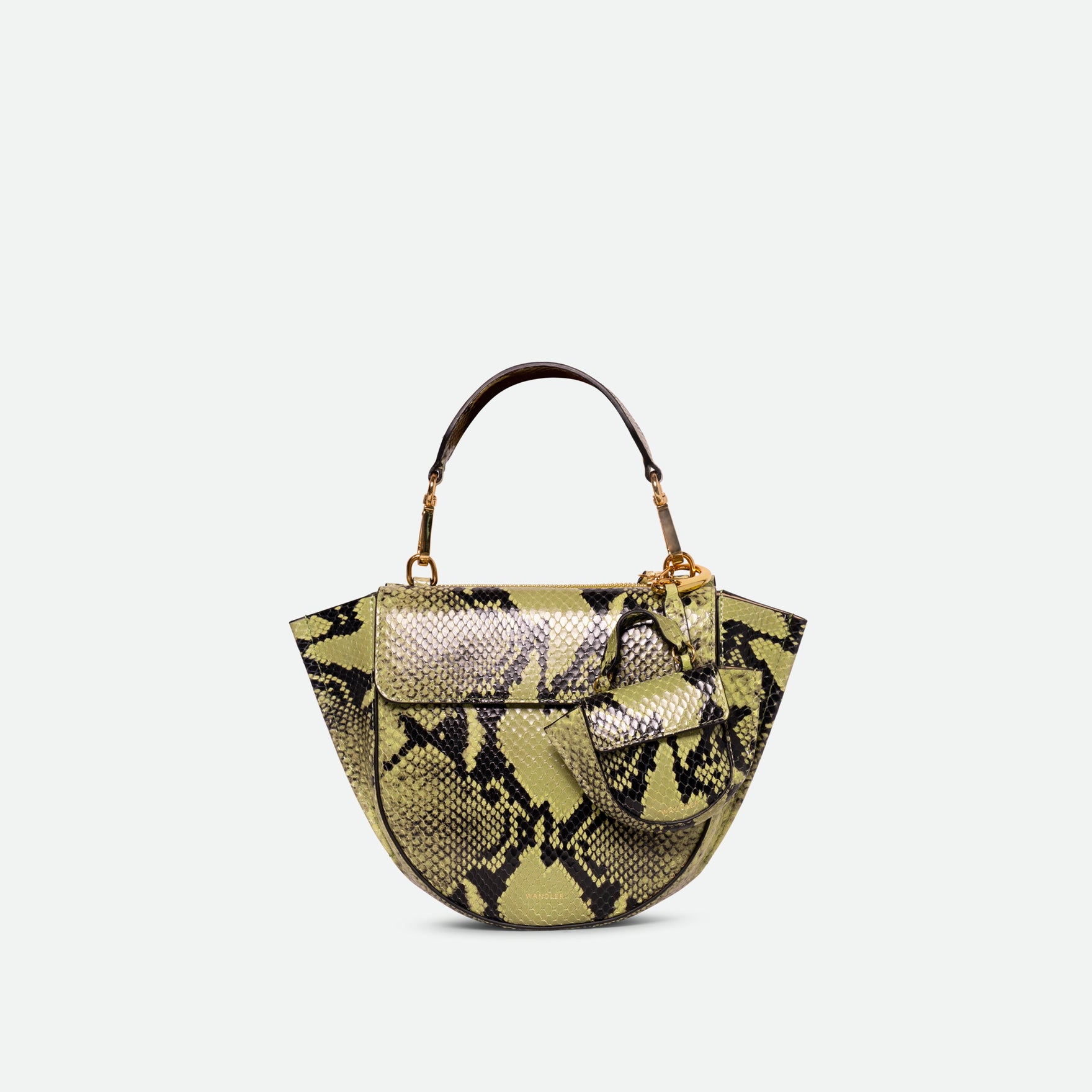 Wandler Hortensia Bag Mini in the color Lime Python, green python print, Italian calf leather with golden hardware, rounded silhouette and top handle. The bag is with the Hortensia Bag Micro accessory.