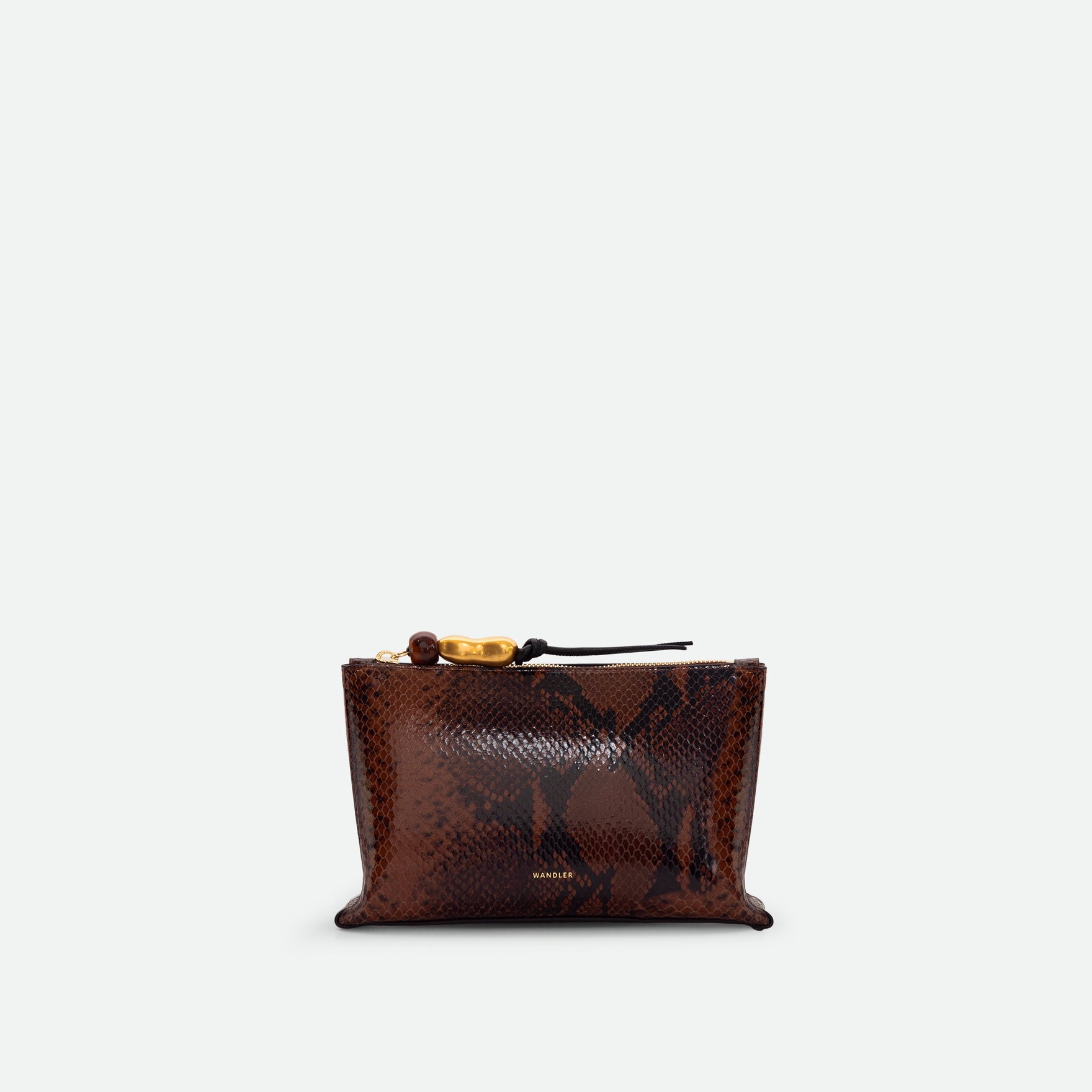 Wandler Ida Case in Brown Python soft calf leather with golden zipper hardware and charm, front view.