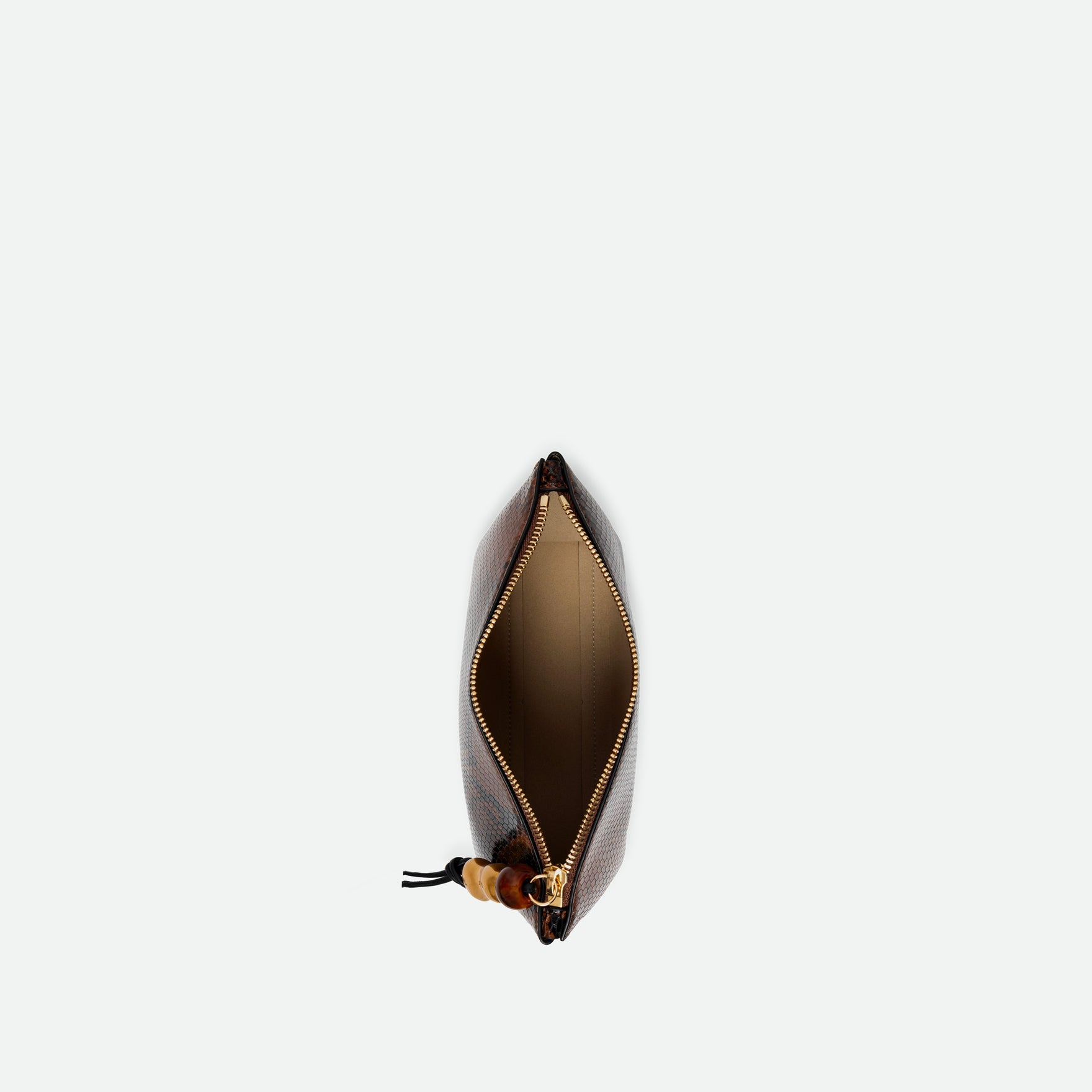 Wandler Ida Case in Brown Python soft calf leather with golden zipper hardware and charm, pictured from above with open zipper, giving a view of the inside. 