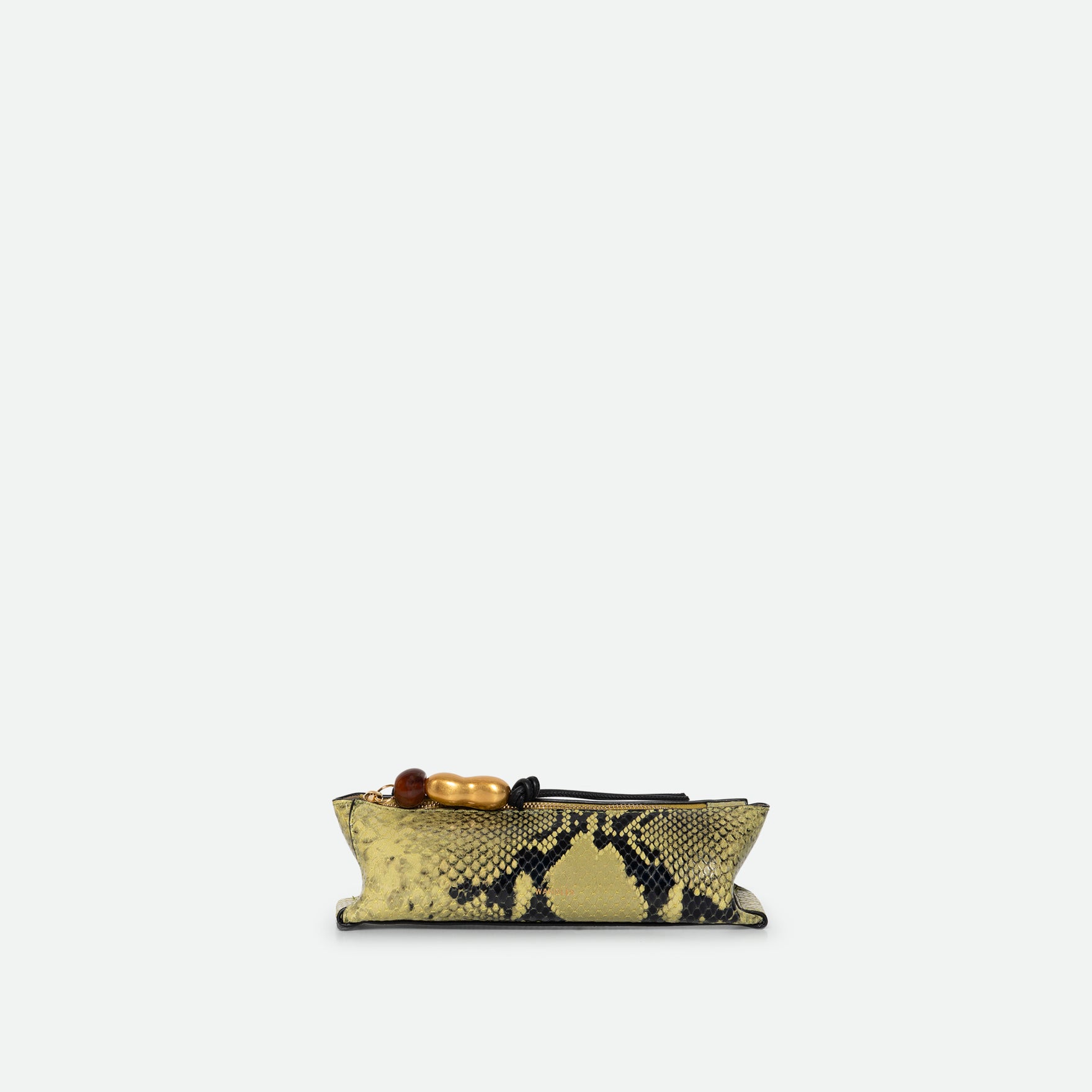 Wandler Ida Case Small in Lime Python calf leather with golden zipper hardware and charm, front view.
