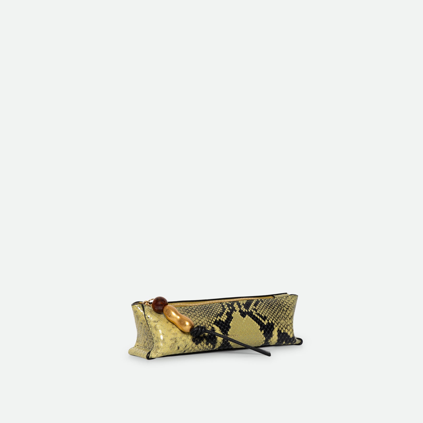 Wandler Ida Case Small in Lime Python calf leather with golden zipper hardware and charm, three quarters view.