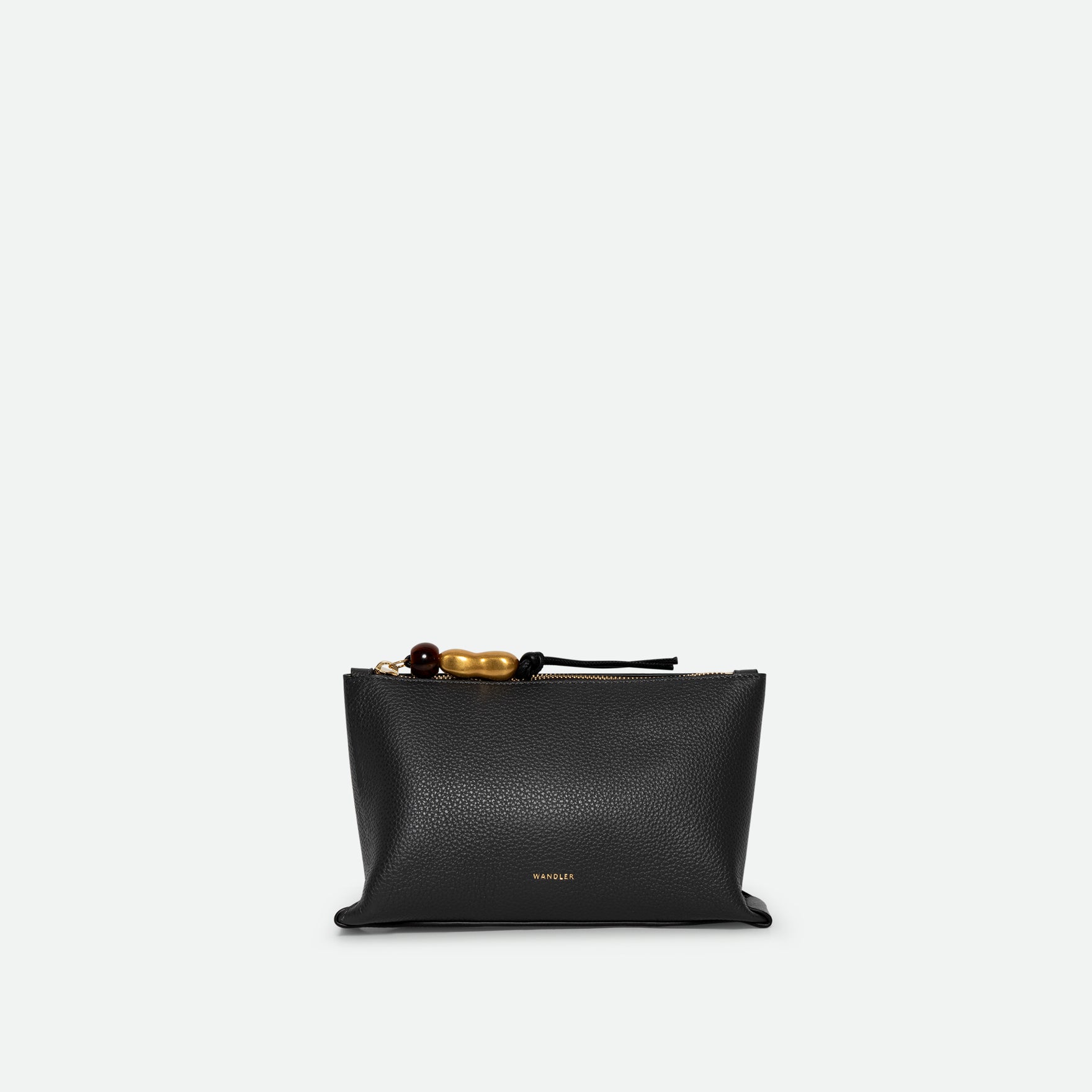 Wandler Ida Case in Space Crust, grey,  calf leather with golden zipper hardware and charm, front view.