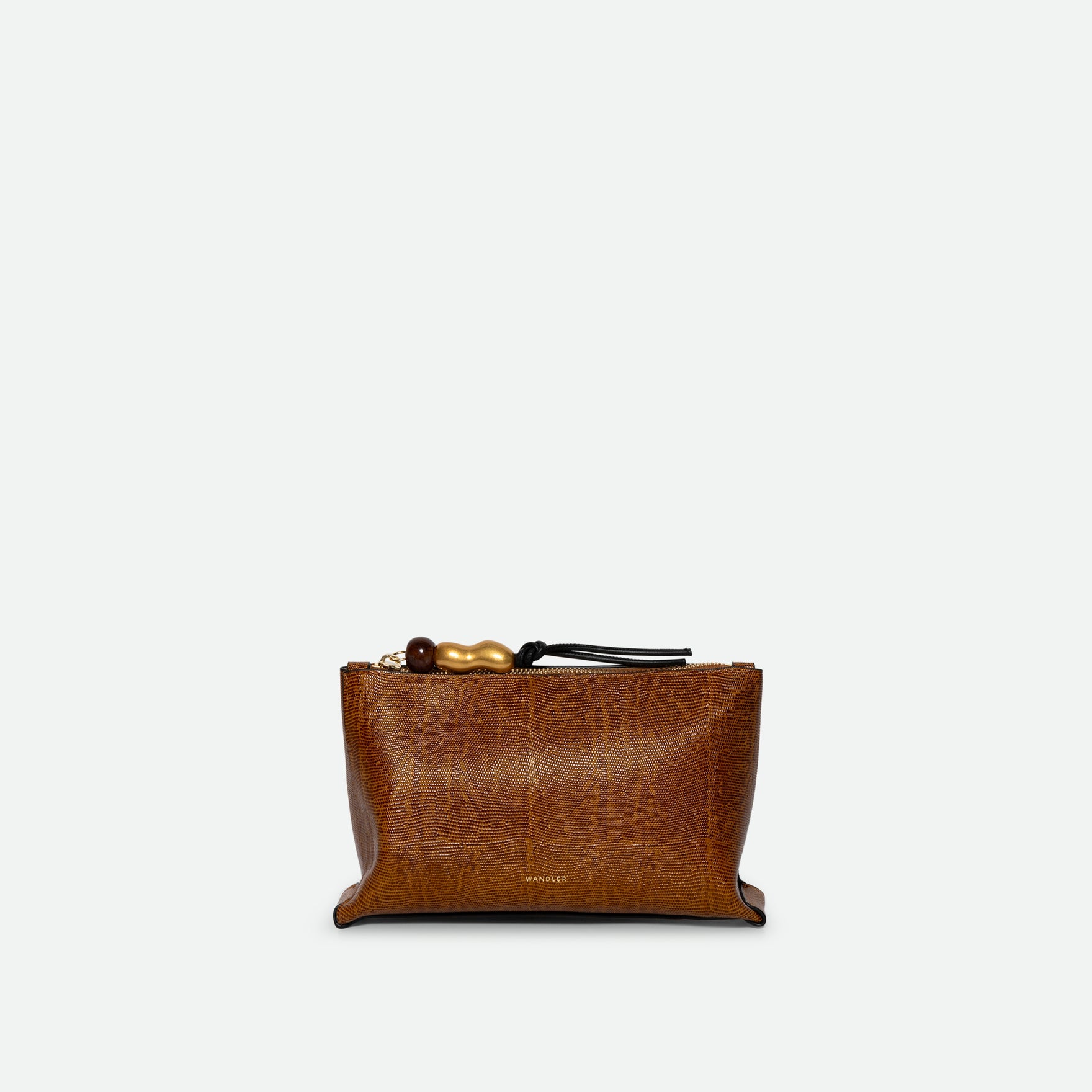 Wandler Ida Case in Tabacco Lizzard, soft calf leather with golden zipper hardware and charm, front view. 