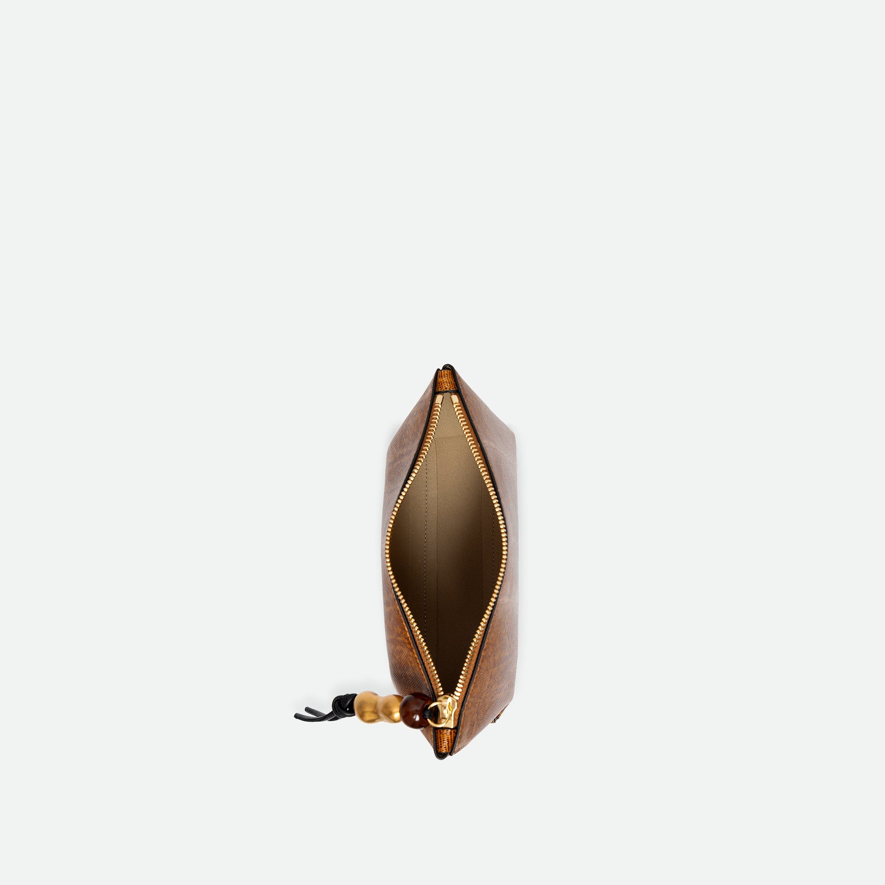 Wandler Ida Case in Tabacco Lizzard, soft calf leather with golden zipper hardware and charm, pictured from above with open zipper, giving a view of the inside. 