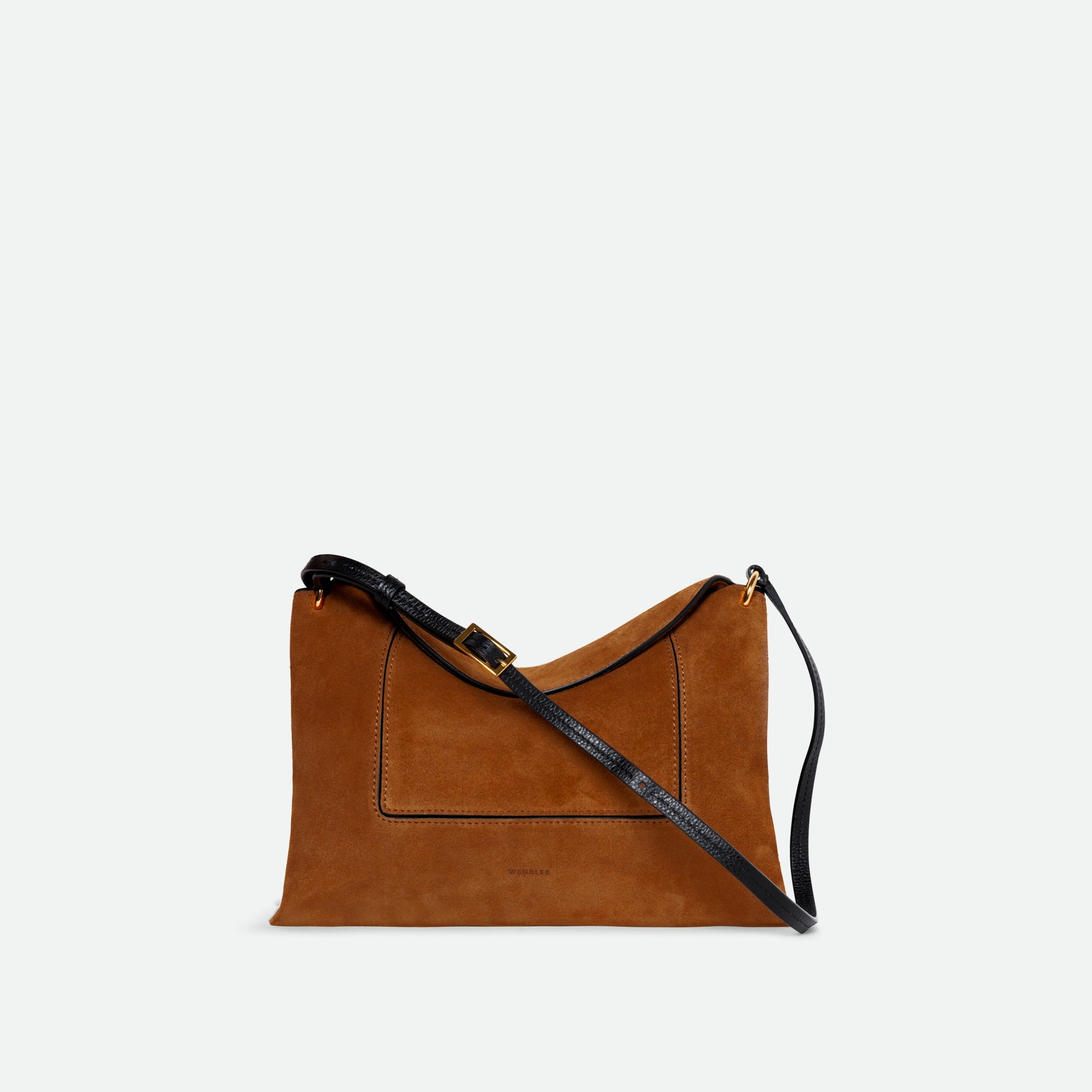 Wandler Penelope Slouch Bag in the color Cognac Suede, made from calf leather with golden hardware and adjustable slim strap, front view.