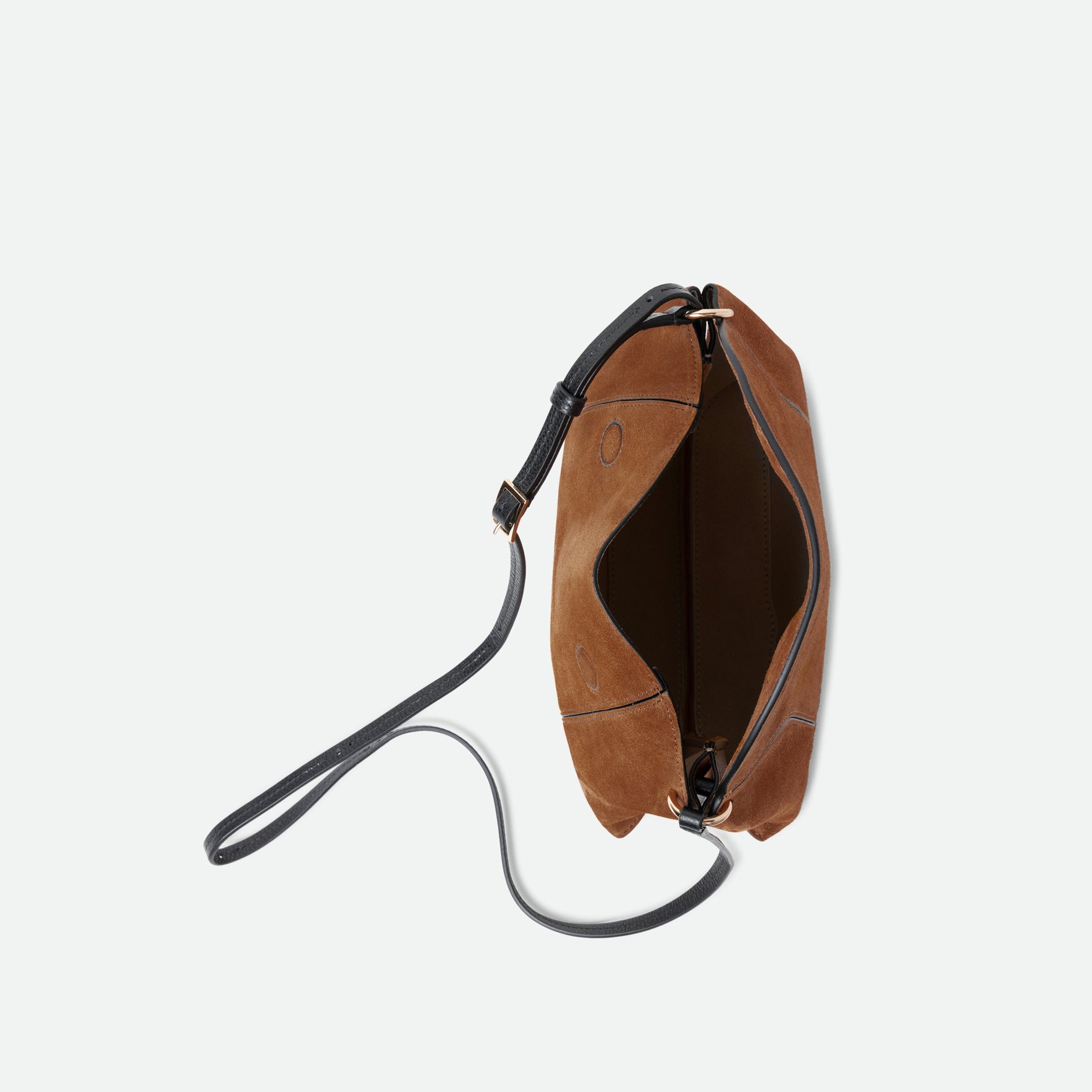 Wandler Penelope Slouch Bag in the color Cognac Suede, made from calf leather with golden hardware and adjustable slim strap, topside view with open zipper.